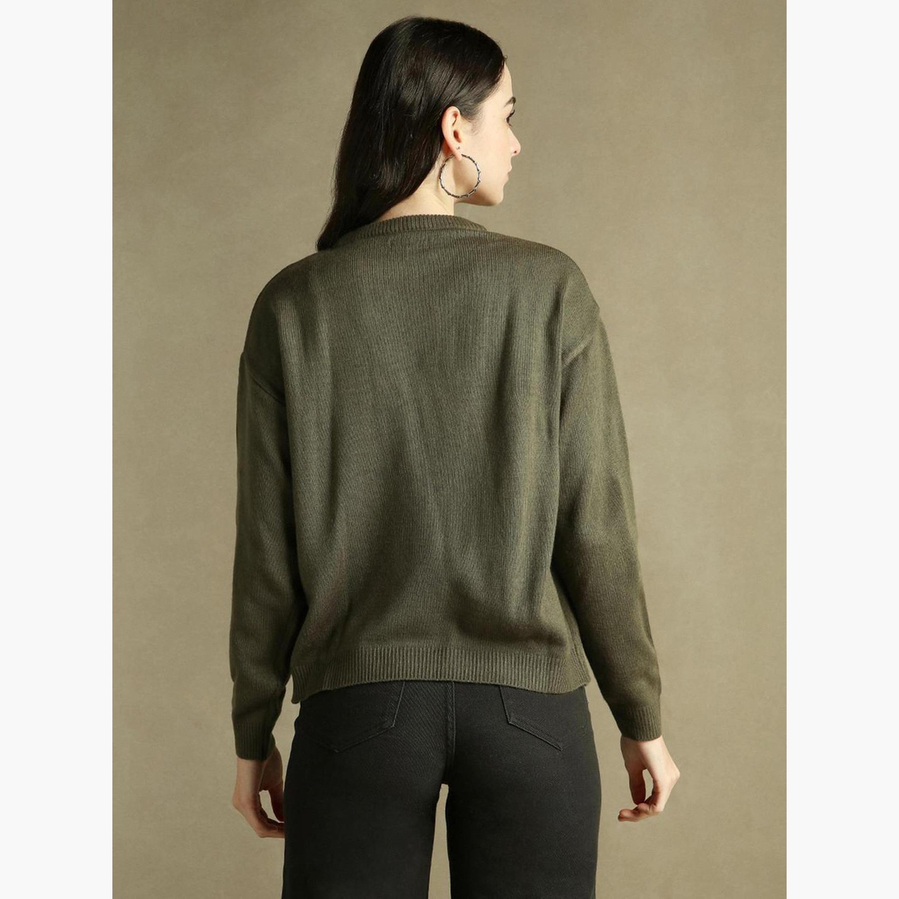 Dennis Lingo Olive Knitted Regular Fit Round Neck Long Sleeves Women's Sweater-women-winterwear-cardigansandjumpers-jumpers-image-3
