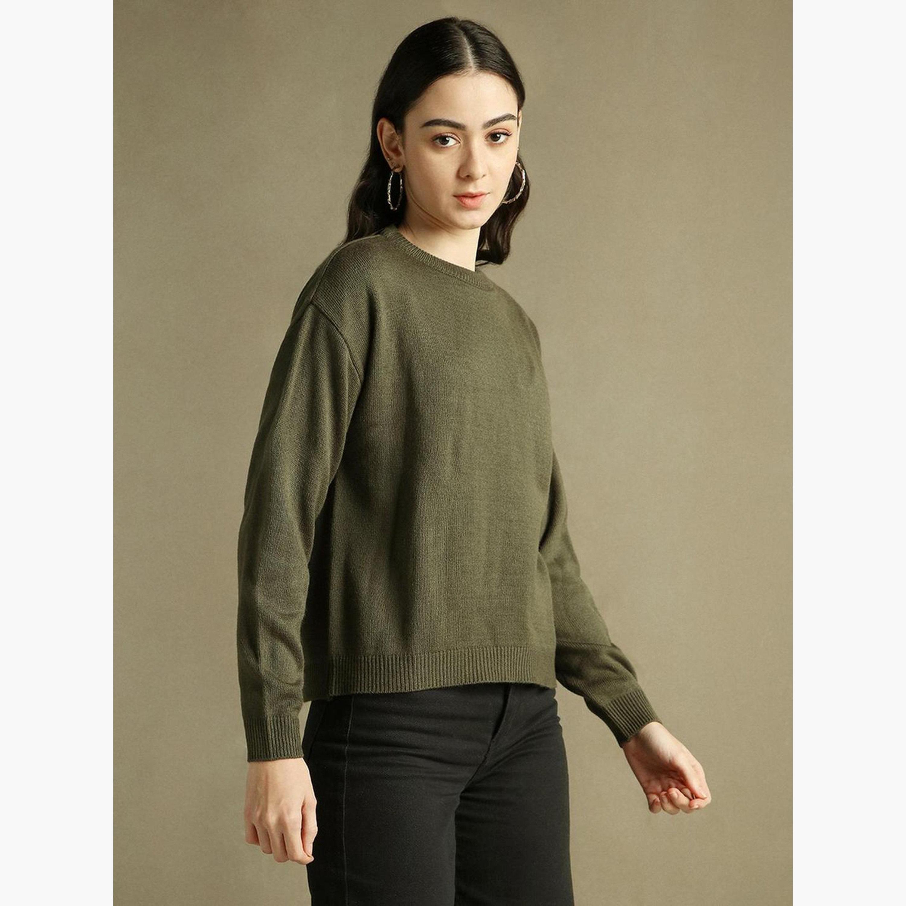 Dennis Lingo Olive Knitted Regular Fit Round Neck Long Sleeves Women's Sweater-women-winterwear-cardigansandjumpers-jumpers-image-4
