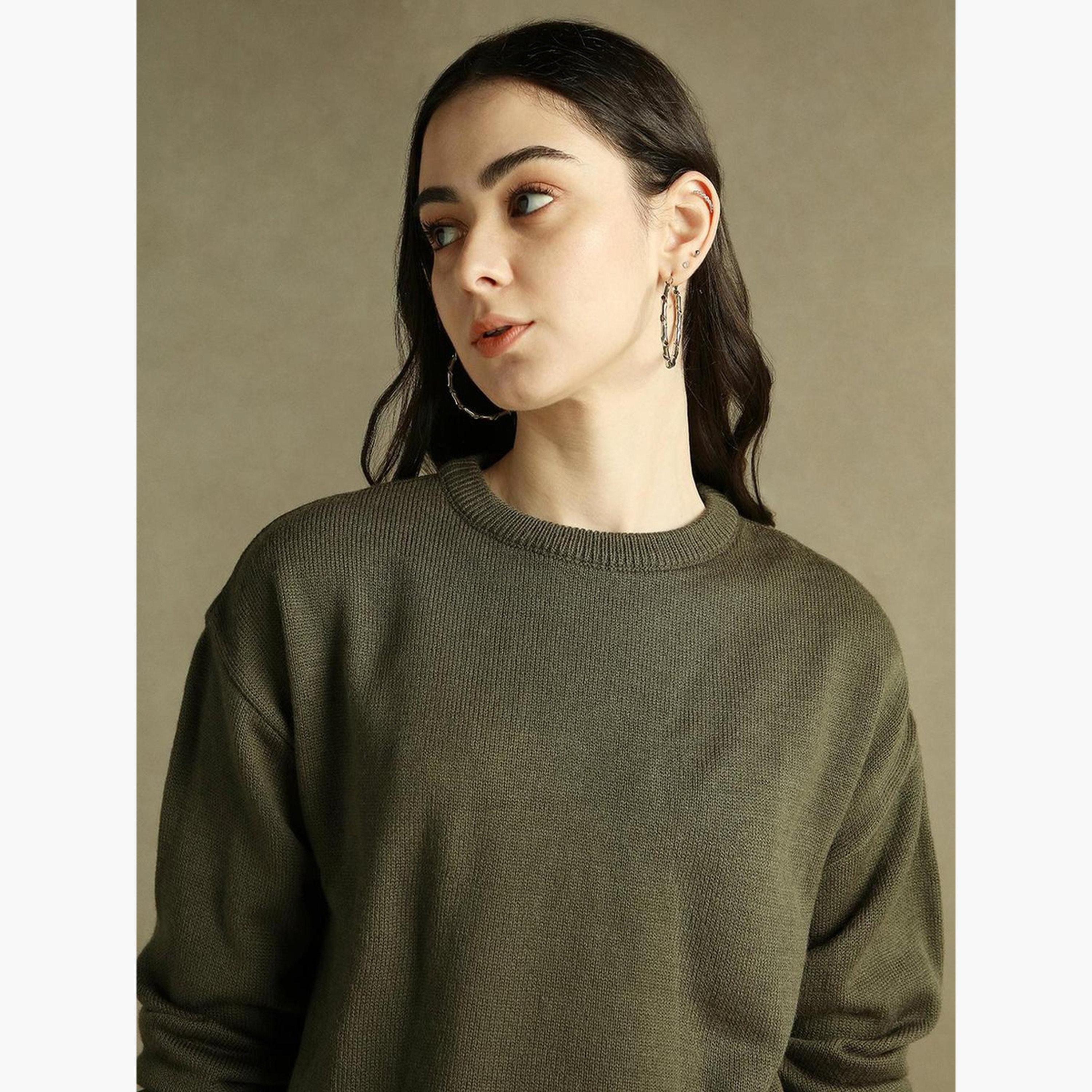 Dennis Lingo Olive Knitted Regular Fit Round Neck Long Sleeves Women's Sweater-women-winterwear-cardigansandjumpers-jumpers-image-5