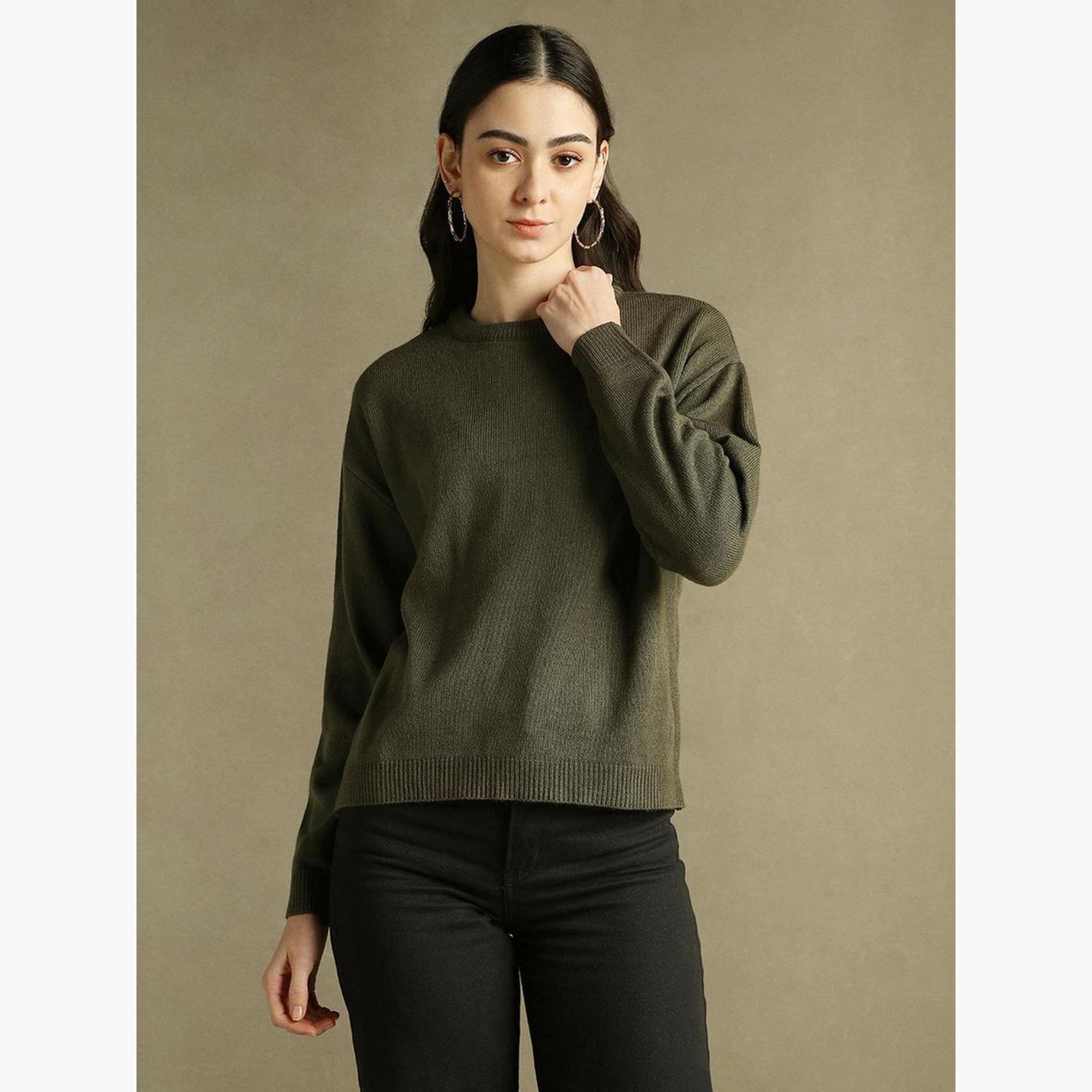 Dennis Lingo Olive Knitted Regular Fit Round Neck Long Sleeves Women's Sweater-women-winterwear-cardigansandjumpers-jumpers-image-6