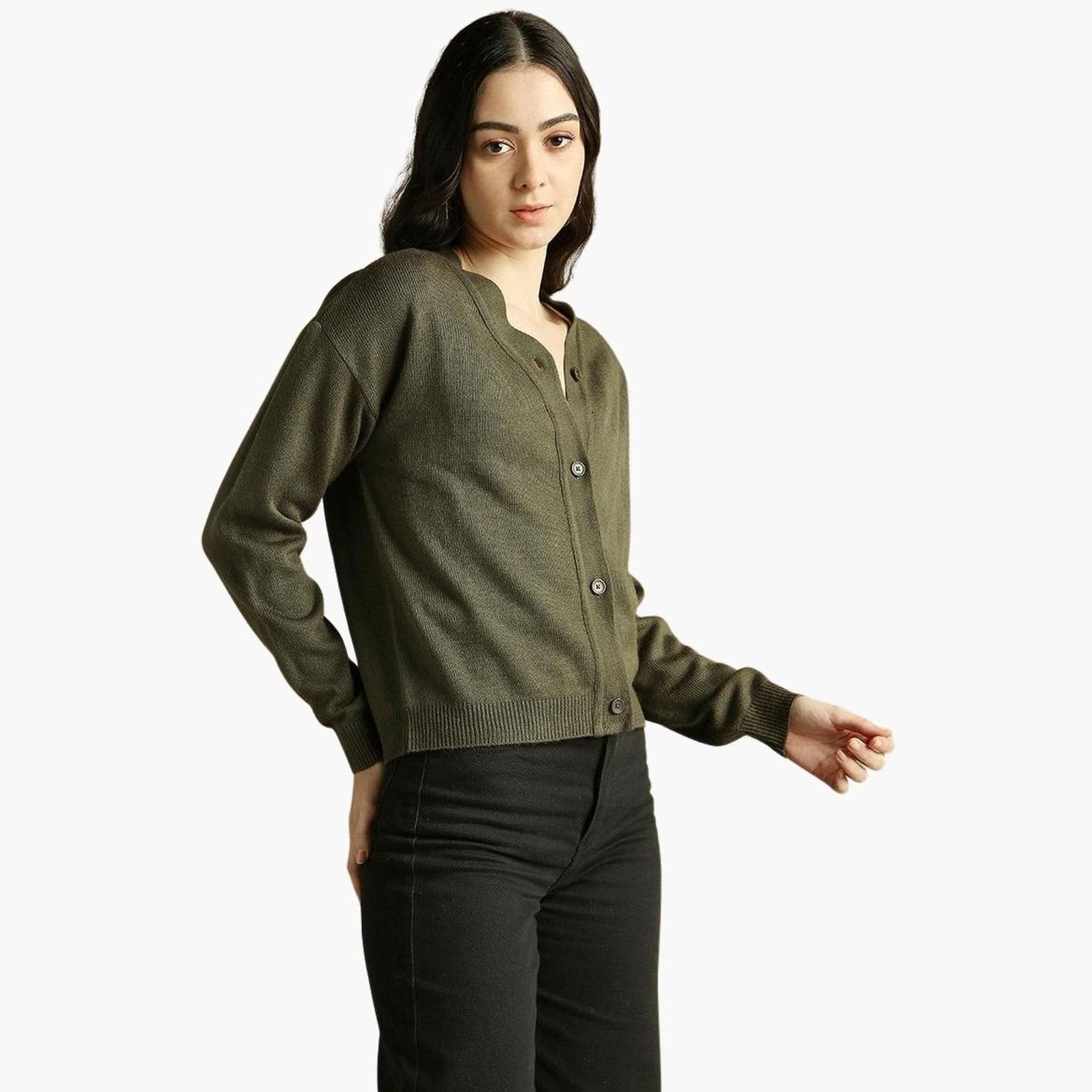 دينيس لينغو - كارديغان زيتوني قصير محبوك للنساء -women-winterwear-cardigansandjumpers-cardigans-image-1