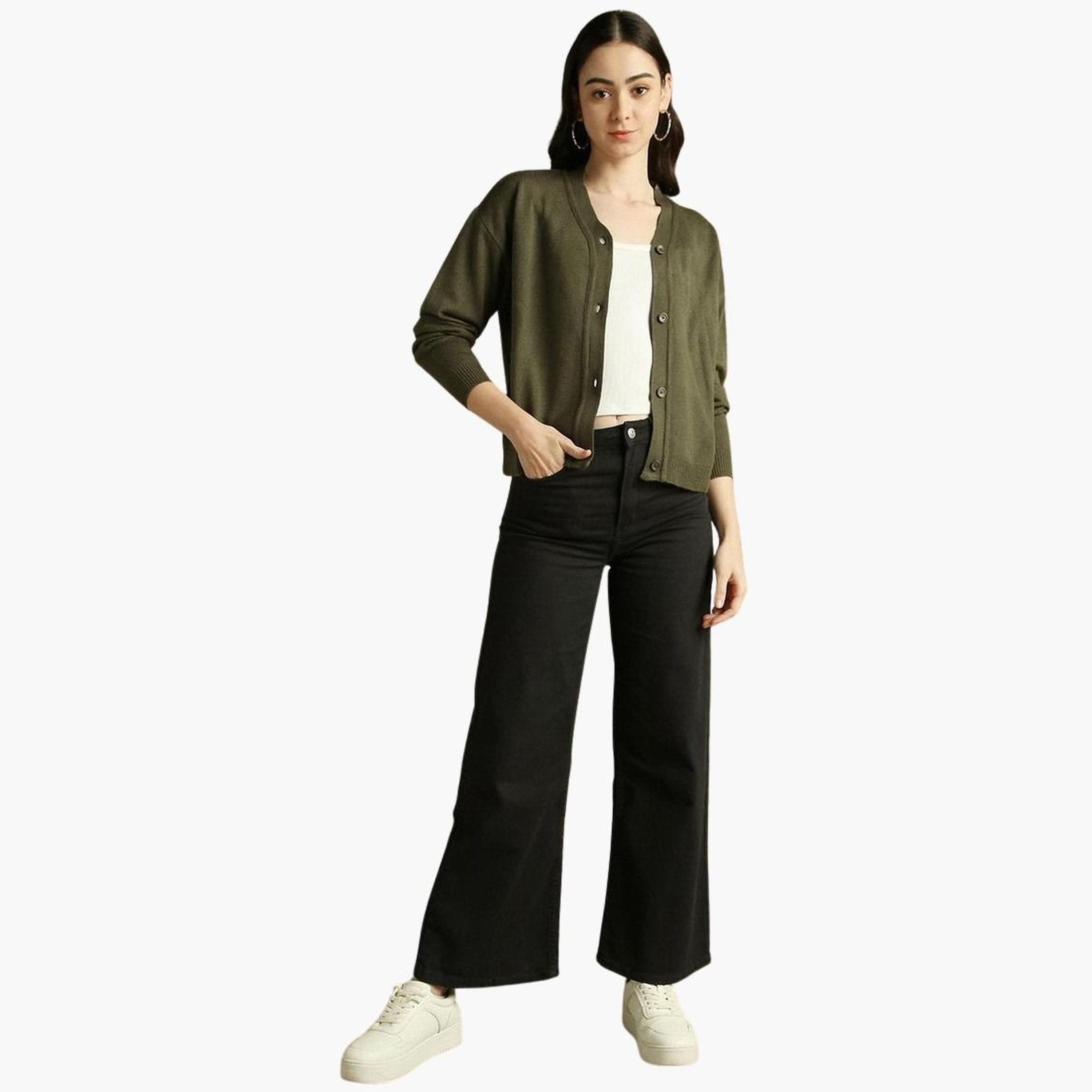 دينيس لينغو - كارديغان زيتوني قصير محبوك للنساء -women-winterwear-cardigansandjumpers-cardigans-image-2
