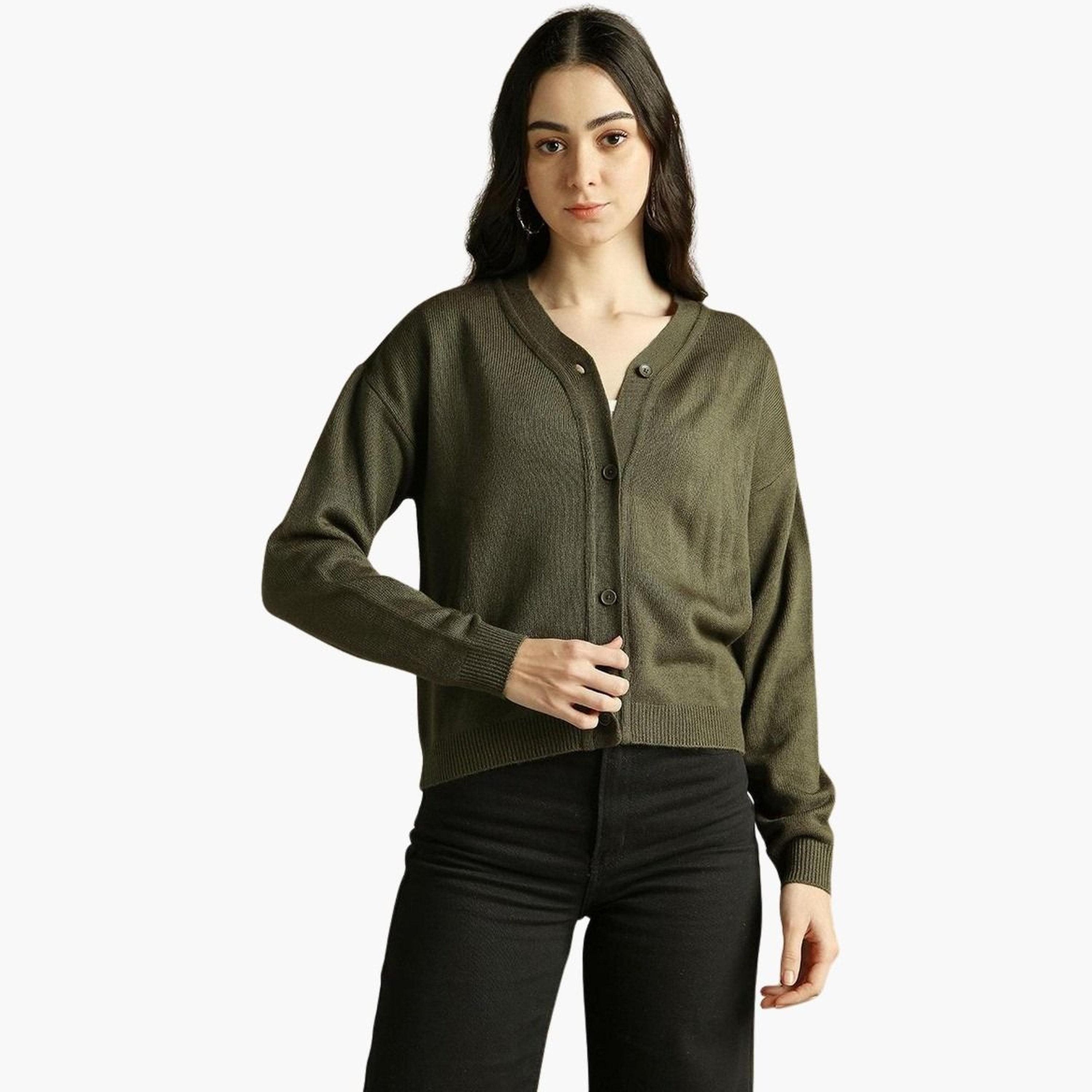 دينيس لينغو - كارديغان زيتوني قصير محبوك للنساء -women-winterwear-cardigansandjumpers-cardigans-image-6