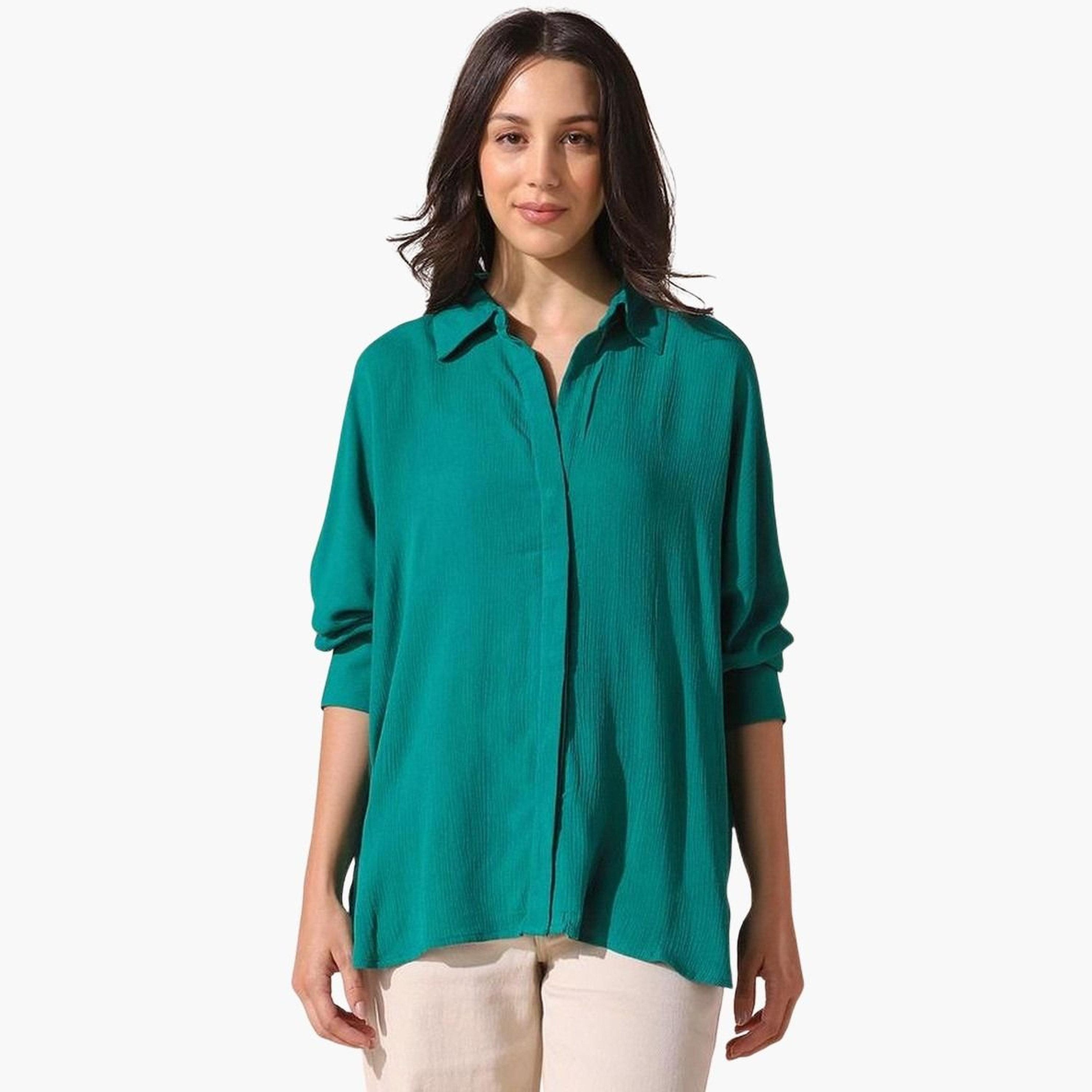 دينيس لينغو - قميص أخضر سادة تصميم واسع للنساء-women-clothing-shirtsandblouses-shirts-image-1