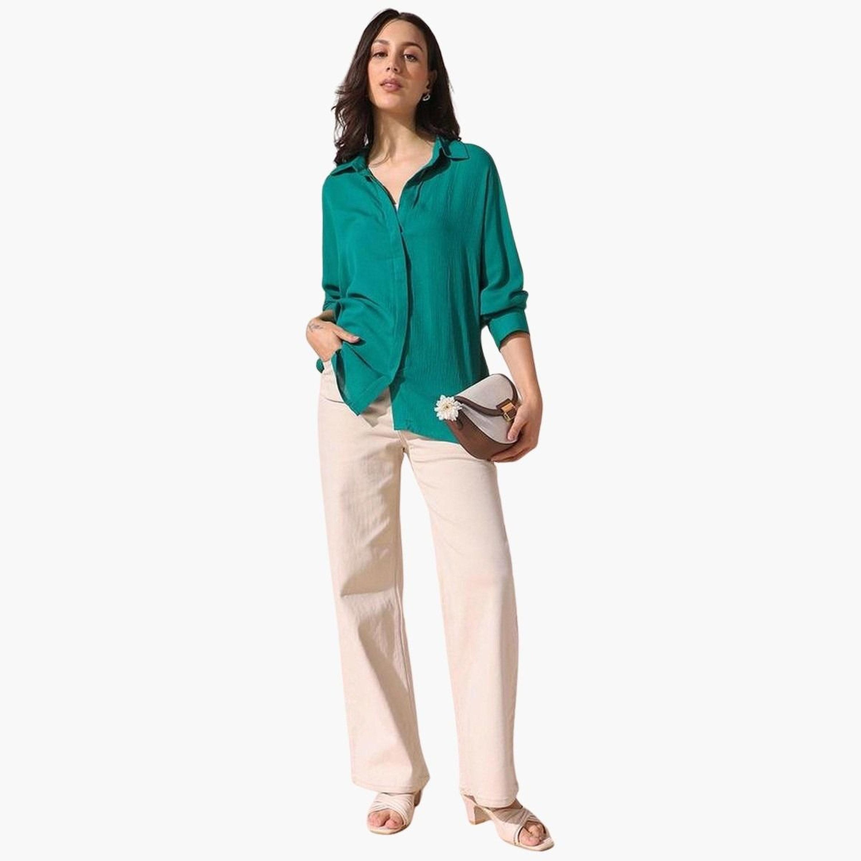 Dennis Lingo Women Green Solid Oversized Shirt-women-clothing-shirtsandblouses-shirts-image-2