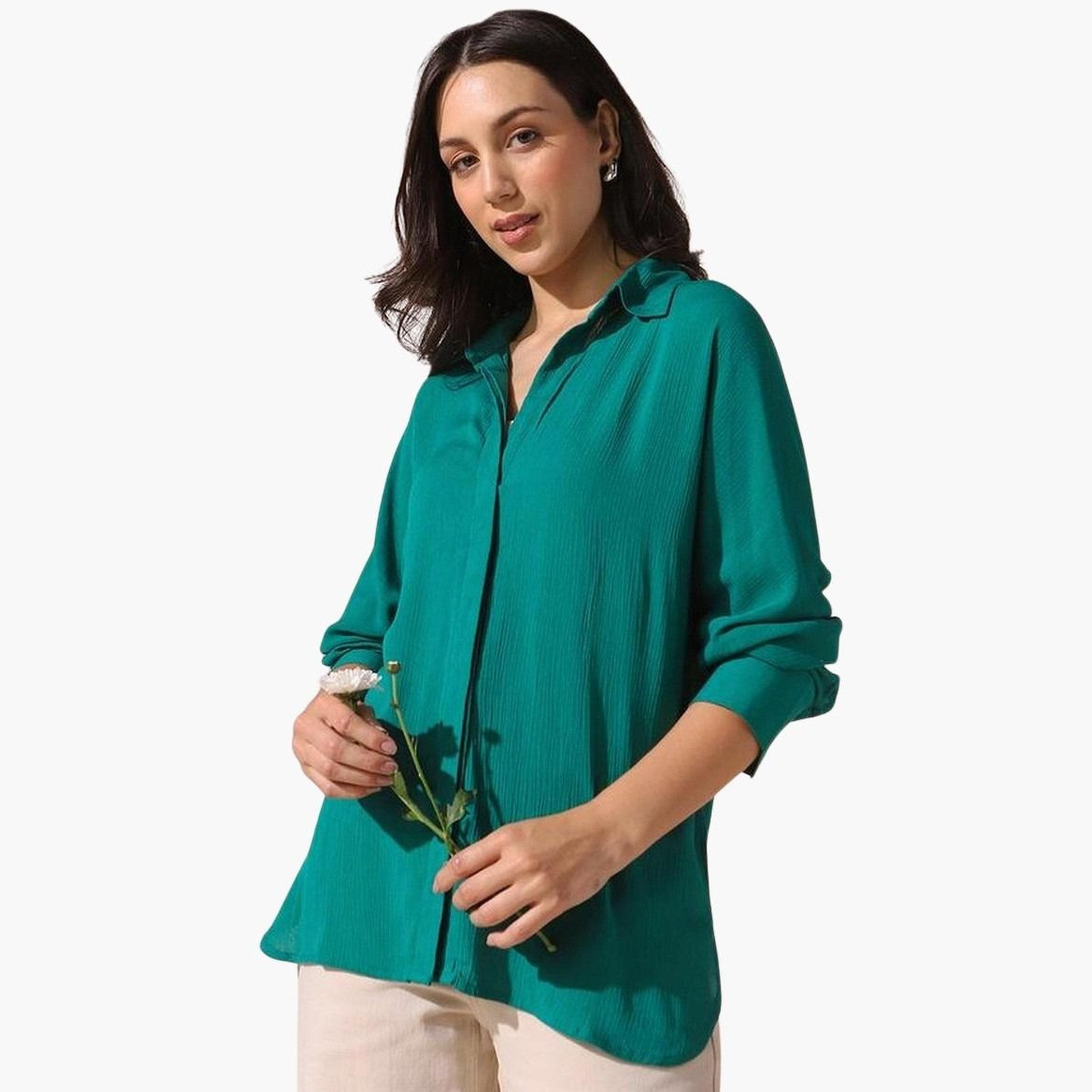 دينيس لينغو - قميص أخضر سادة تصميم واسع للنساء-women-clothing-shirtsandblouses-shirts-image-6