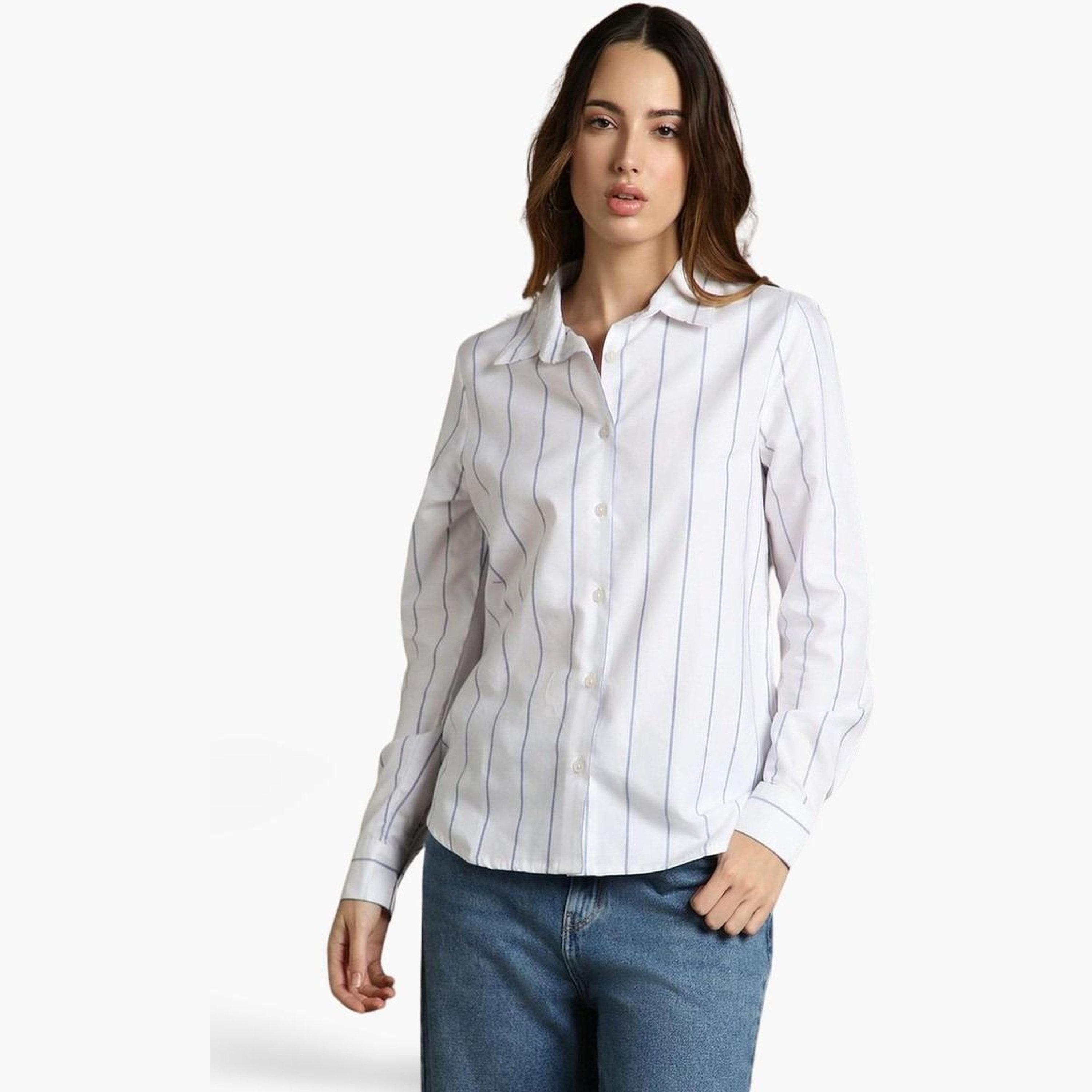 Dennis Lingo White Striped Long Sleeve Casual Shirt-women-clothing-shirtsandblouses-shirts-image-1