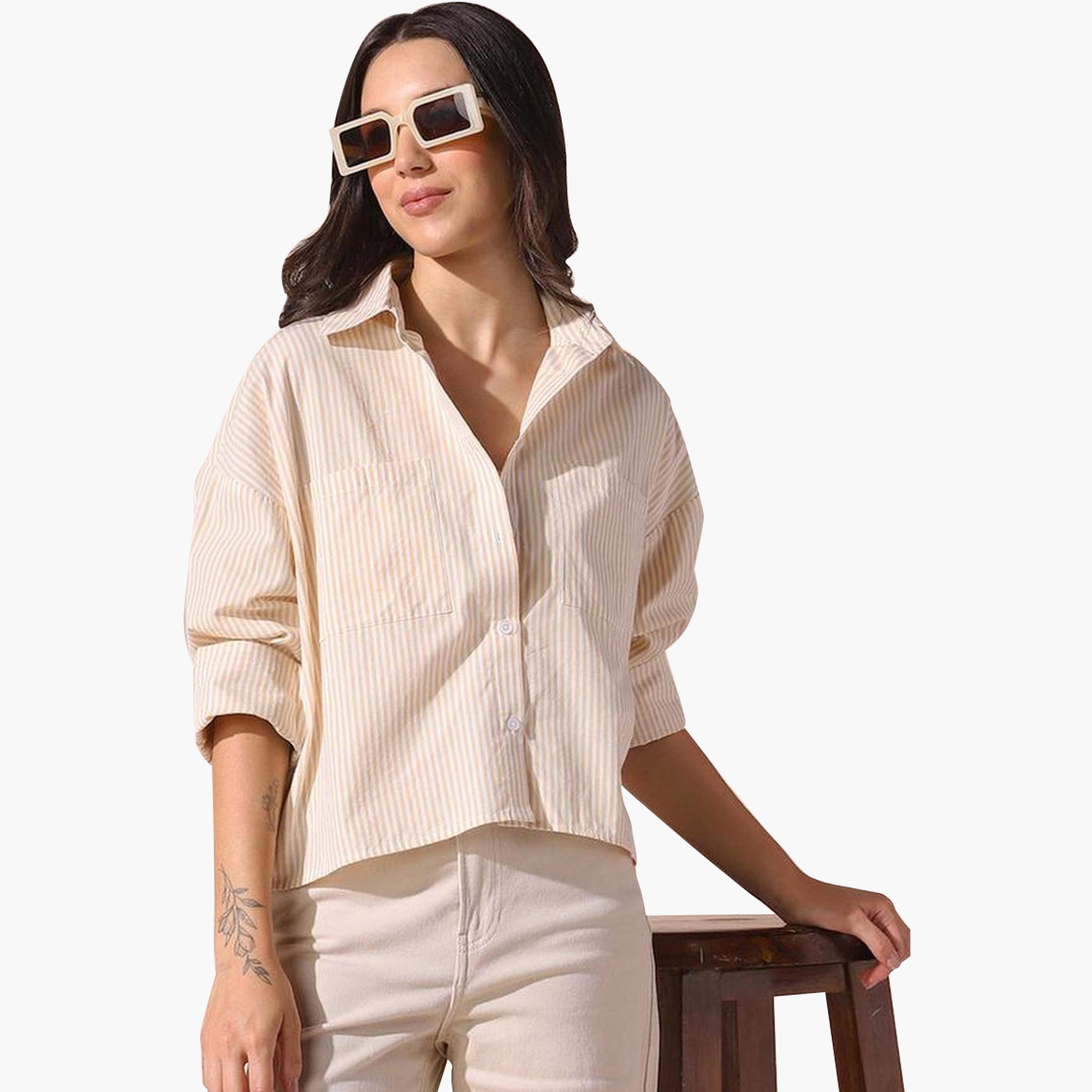 دينيس لينغو - قميص مربع مخطط باللون الأصفر، منسدل الكتفين للنساء-women-clothing-shirtsandblouses-shirts-image-1