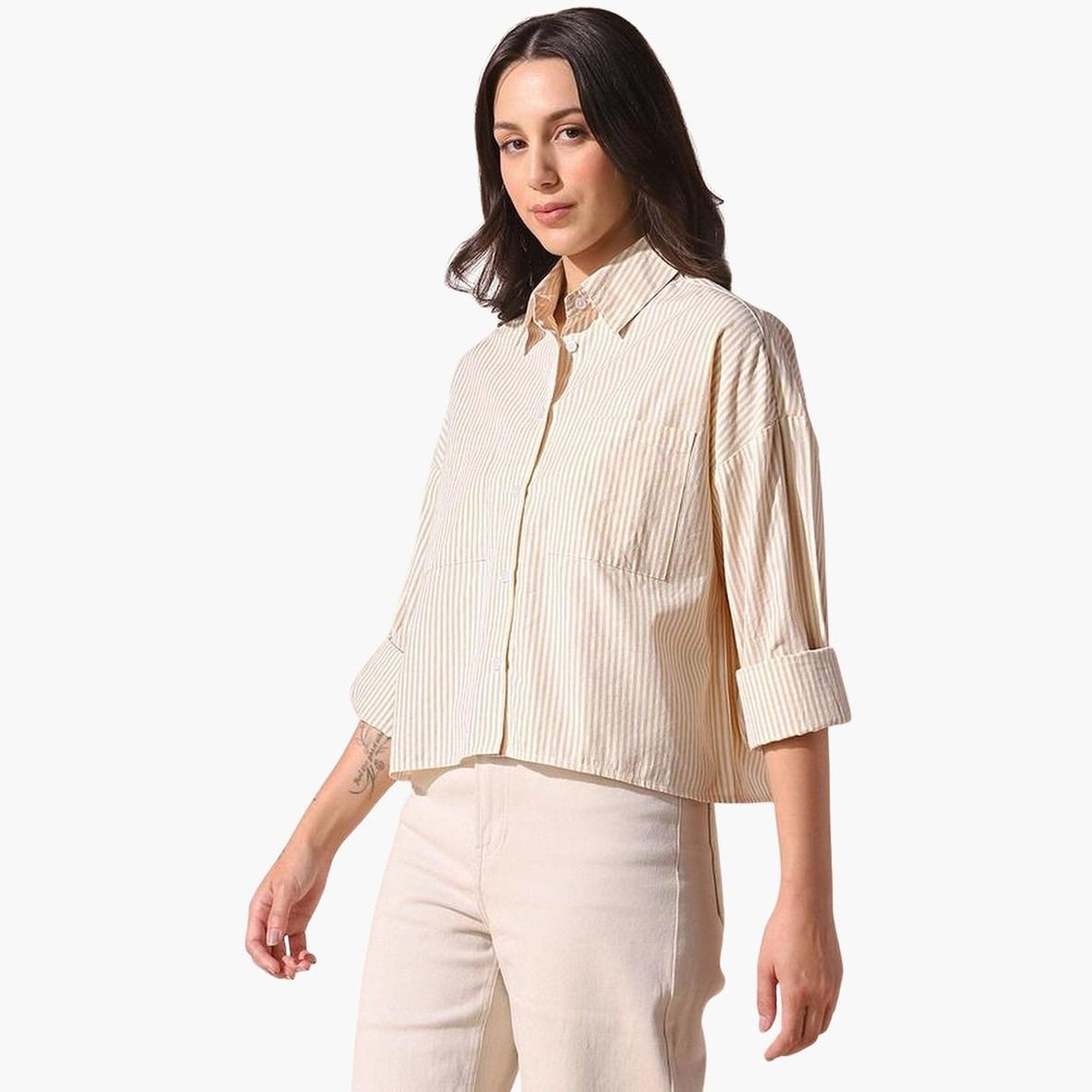دينيس لينغو - قميص مربع مخطط باللون الأصفر، منسدل الكتفين للنساء-women-clothing-shirtsandblouses-shirts-image-4