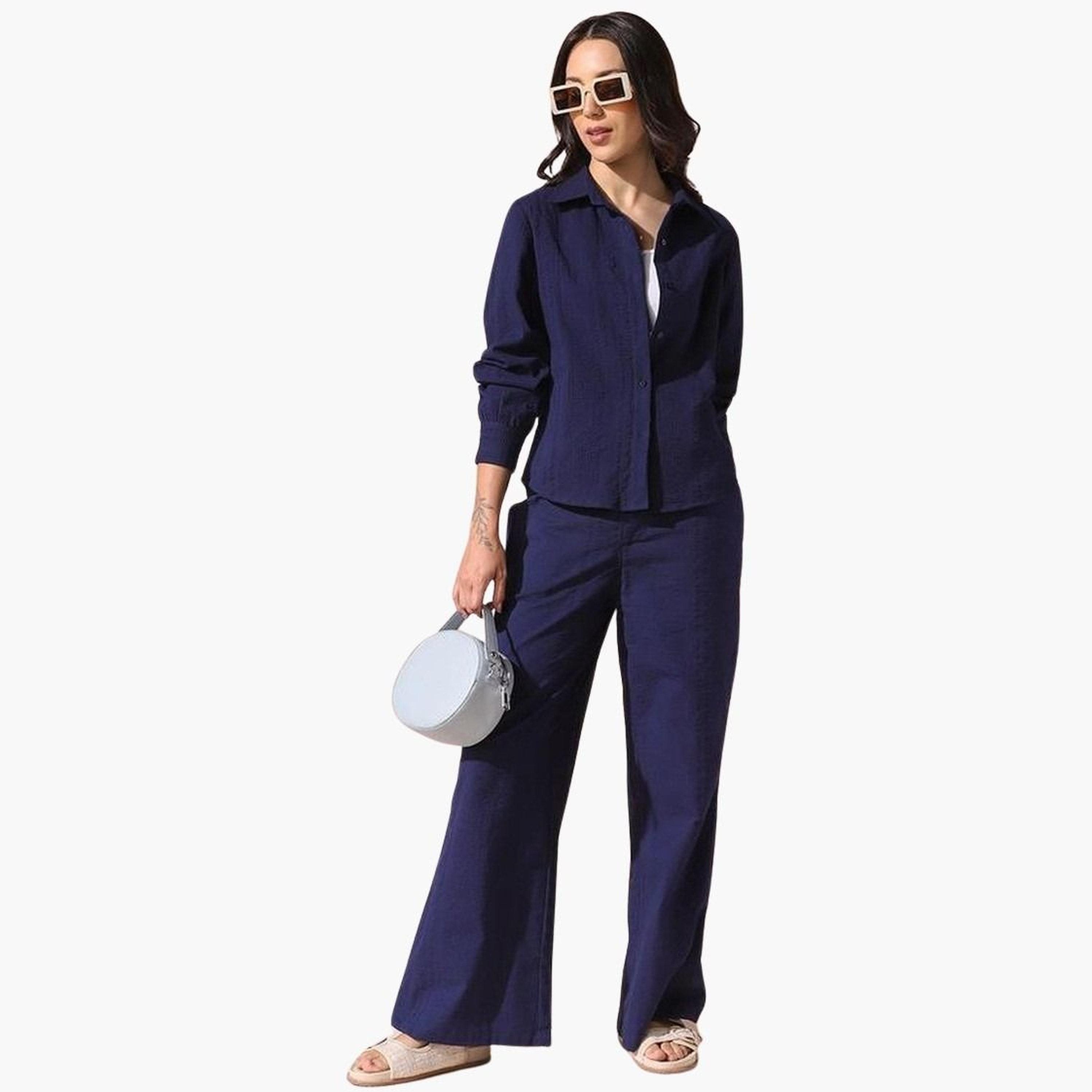 Dennis Lingo Women Navy Textured Regular Fit Shirt-women-clothing-shirtsandblouses-shirts-image-2