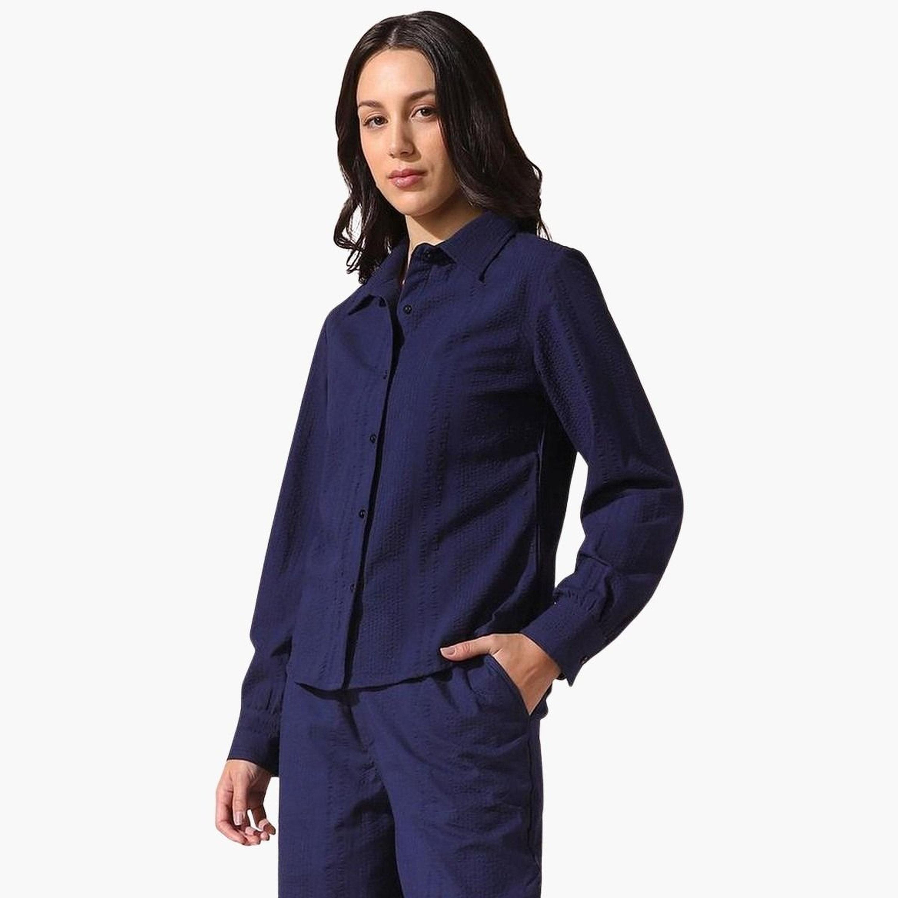 Dennis Lingo Women Navy Textured Regular Fit Shirt-women-clothing-shirtsandblouses-shirts-image-4