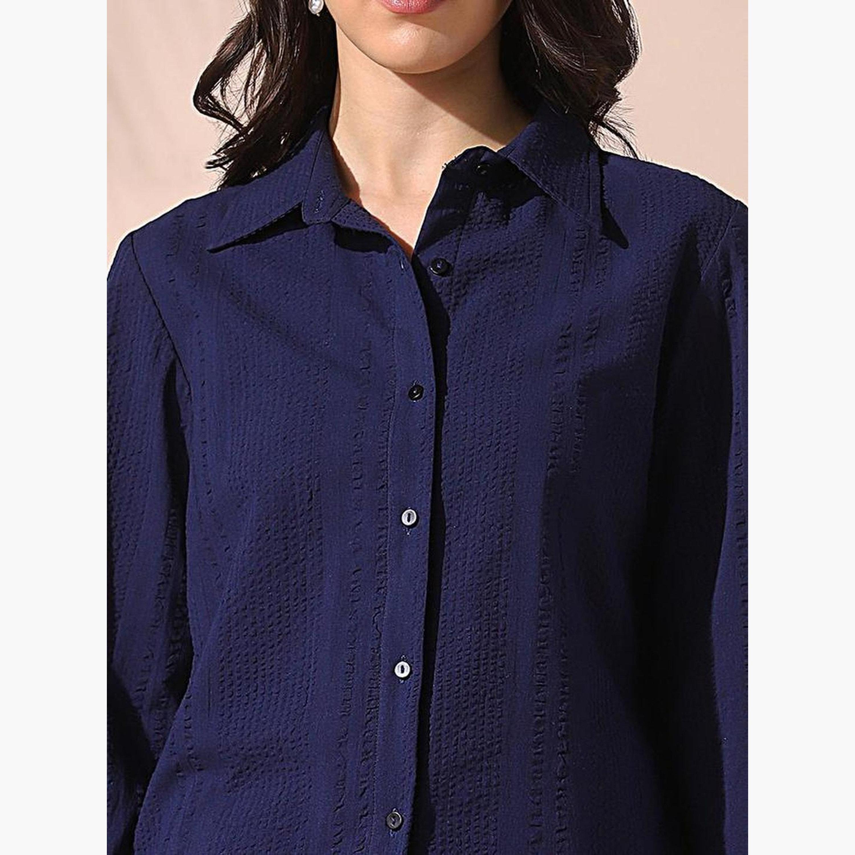 Dennis Lingo Women Navy Textured Regular Fit Shirt-women-clothing-shirtsandblouses-shirts-image-6