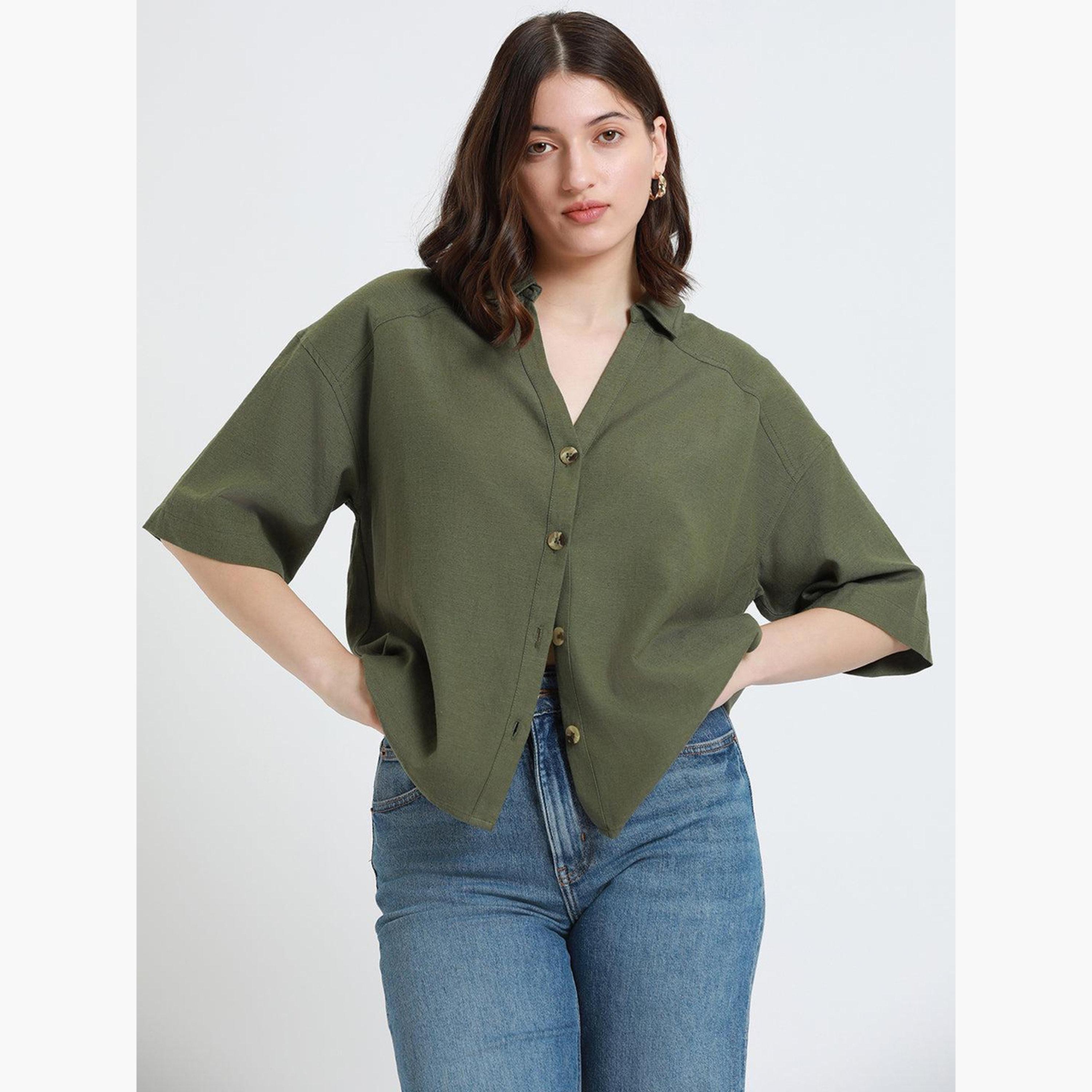 Dennis Lingo Women Olive Drop Shoulder Oversized Shirt-women-clothing-shirtsandblouses-shirts-image-1