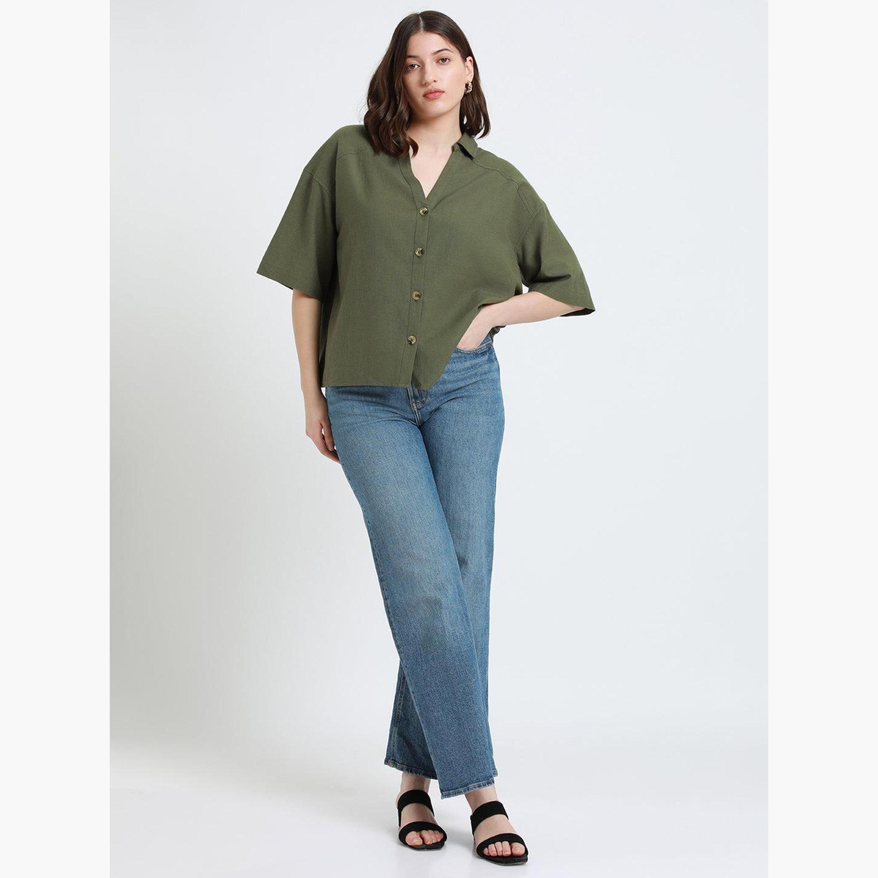 Dennis Lingo Women Olive Drop Shoulder Oversized Shirt-women-clothing-shirtsandblouses-shirts-image-2