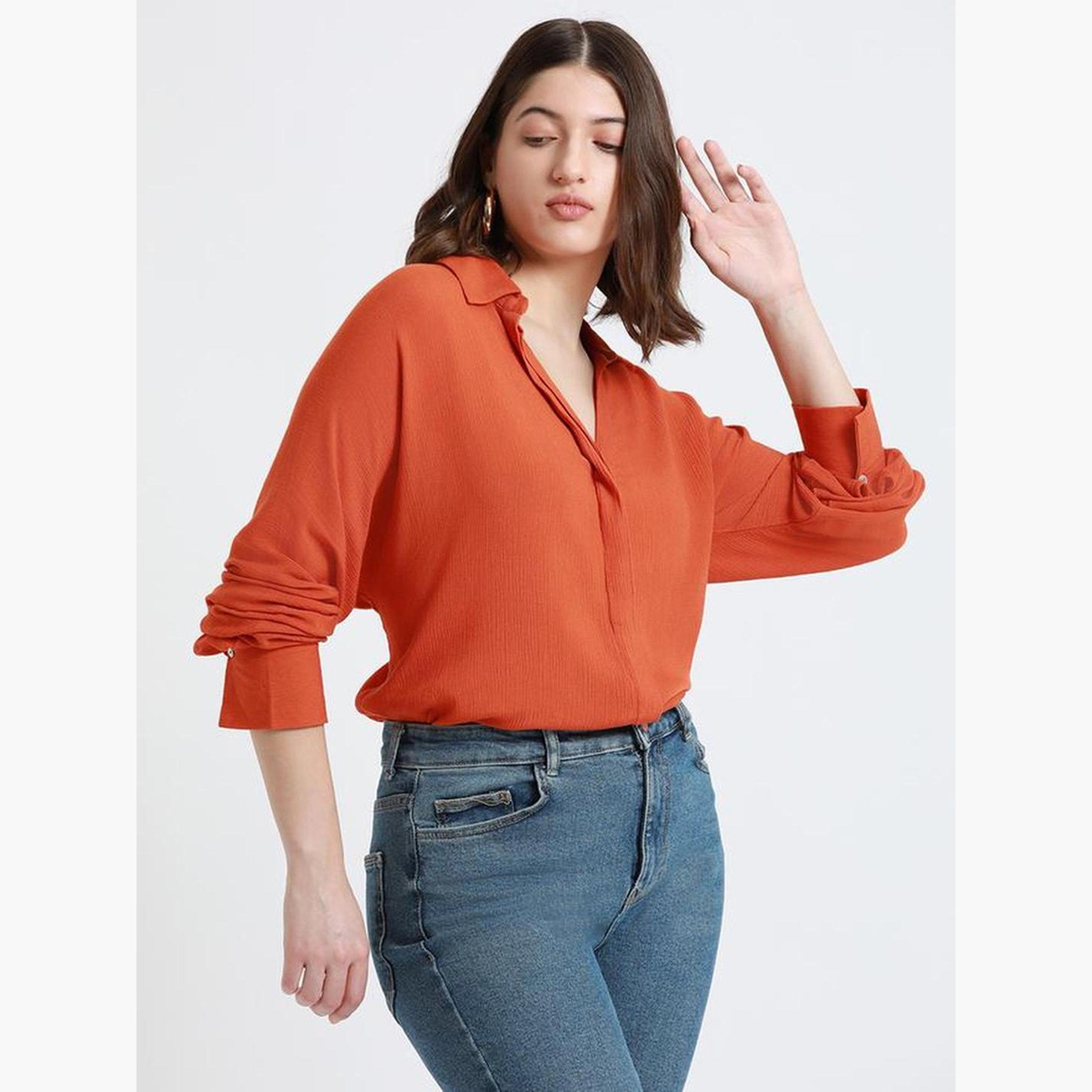 دينيس لينغو - قميص كريب برتقالي بأكمام طويلة للنساء-women-clothing-shirtsandblouses-shirts-image-1