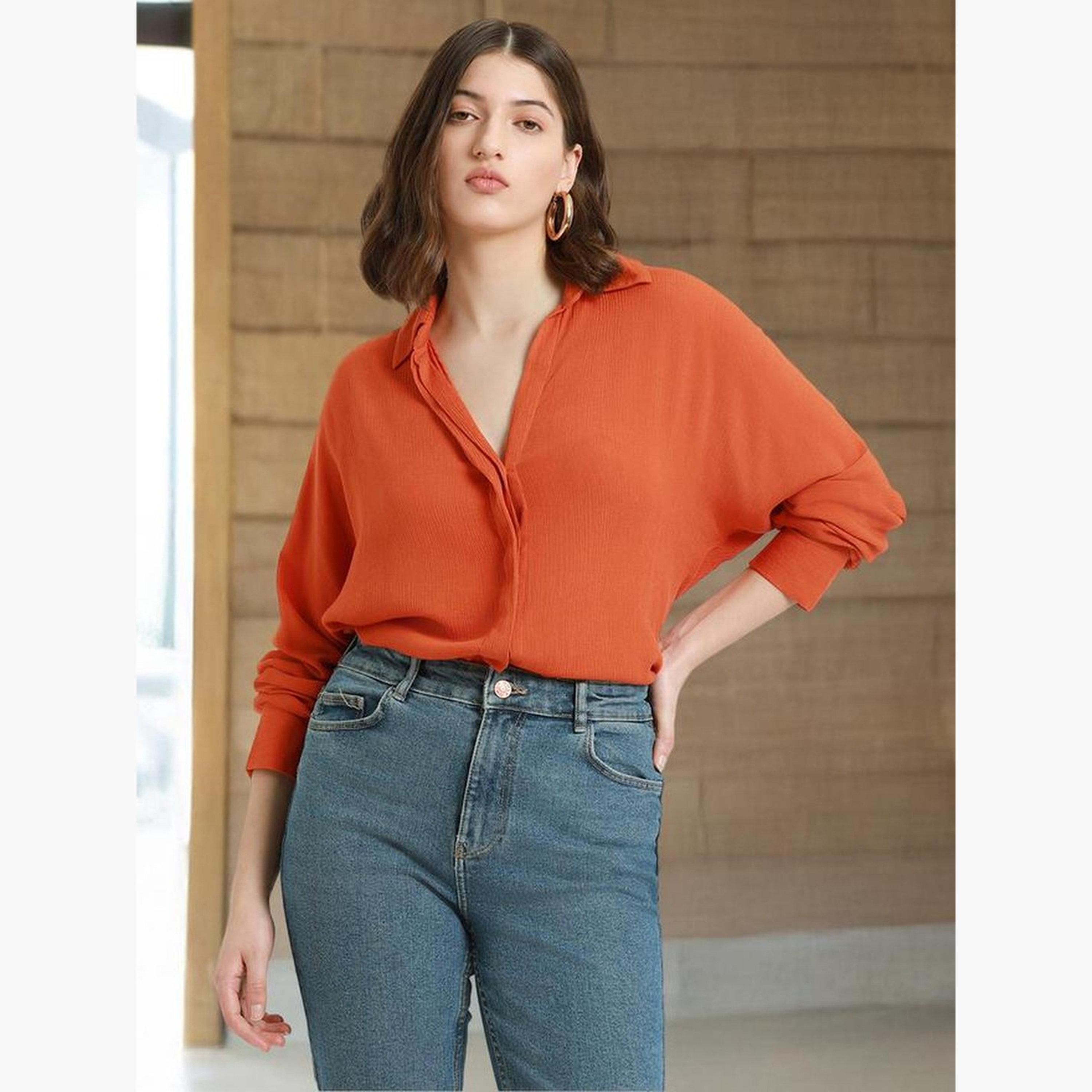 Dennis Lingo Women Orange Long Sleeve Crepe Shirt-women-clothing-shirtsandblouses-shirts-image-5