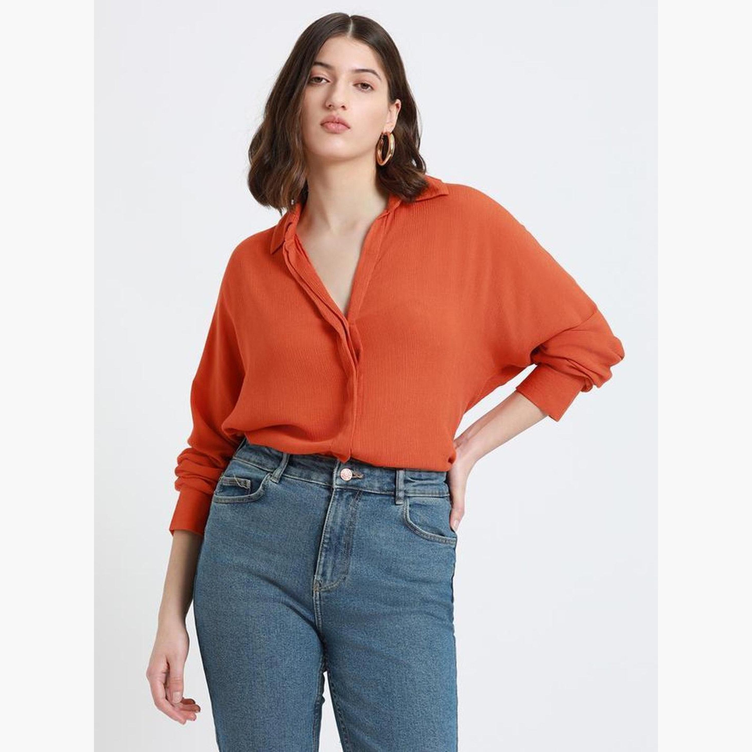 Dennis Lingo Women Orange Long Sleeve Crepe Shirt-women-clothing-shirtsandblouses-shirts-image-6