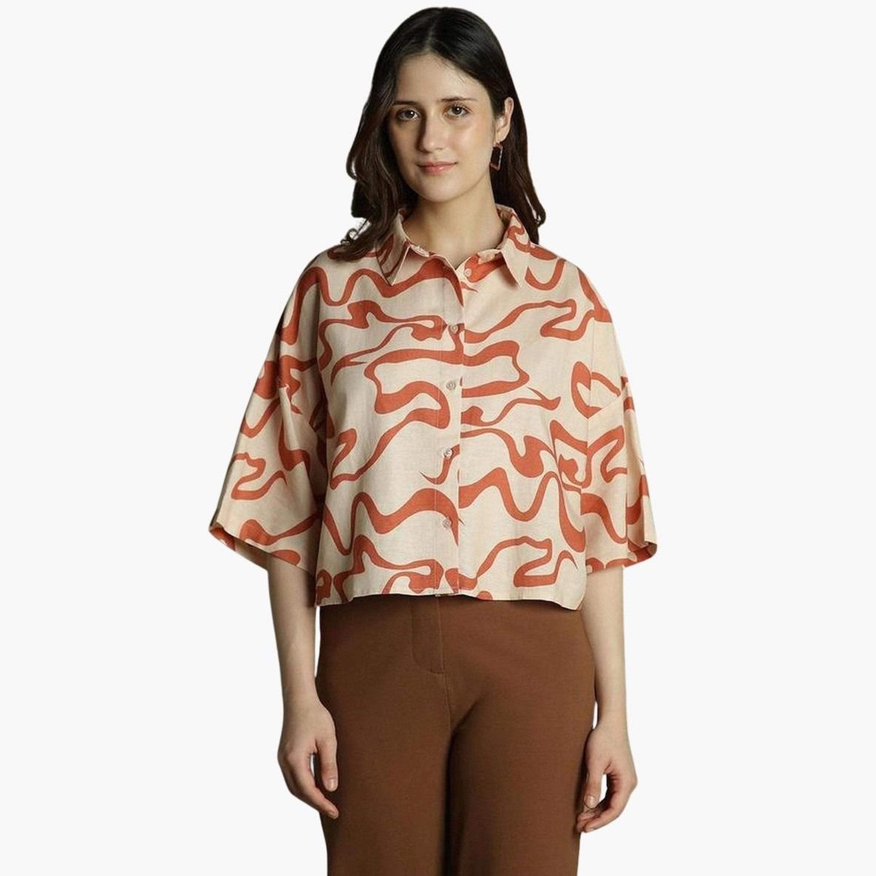 دينيس لينغو - قميص مربع نقشة تجريدية برتقالية للنساء-women-clothing-shirtsandblouses-shirts-image-1