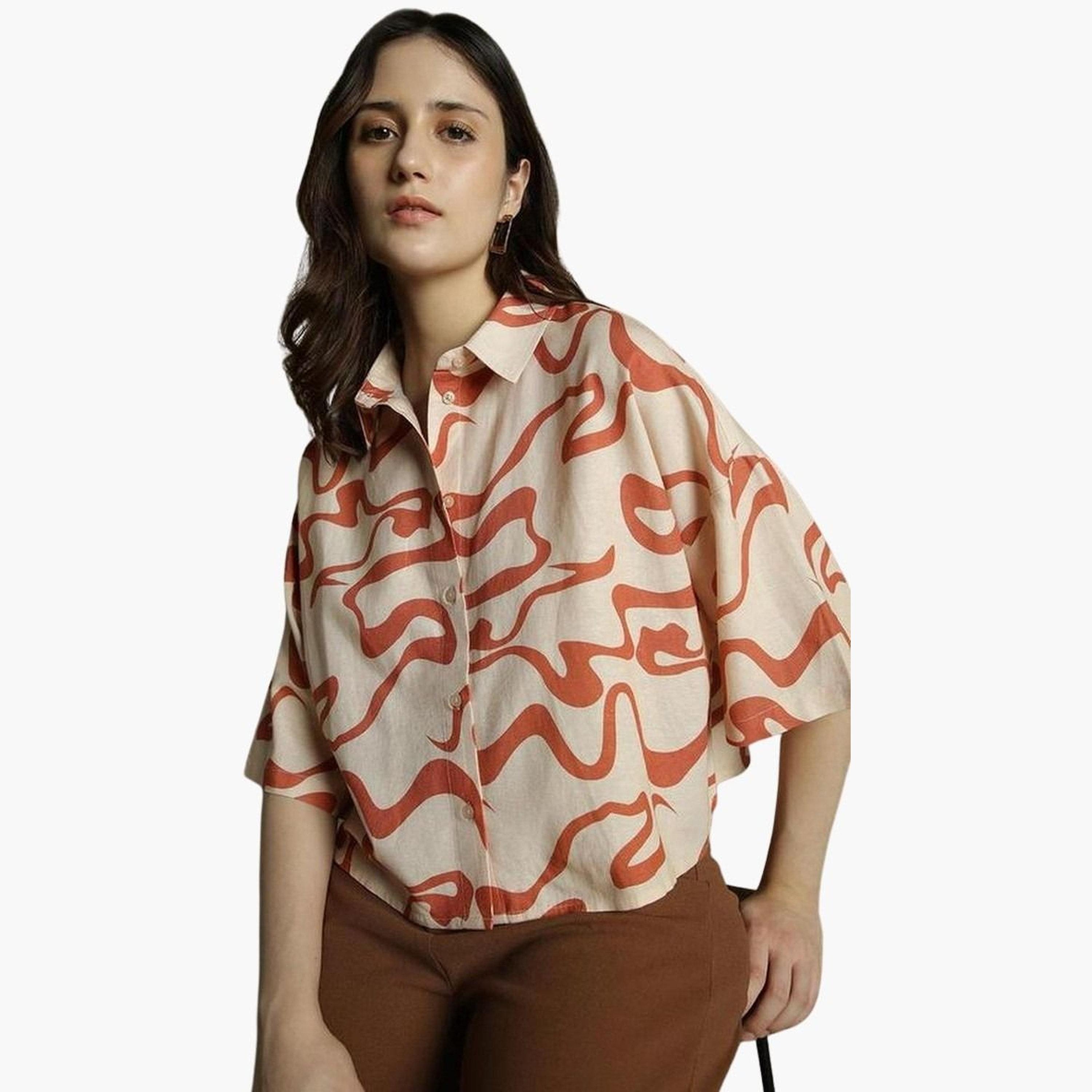 دينيس لينغو - قميص مربع نقشة تجريدية برتقالية للنساء-women-clothing-shirtsandblouses-shirts-image-5