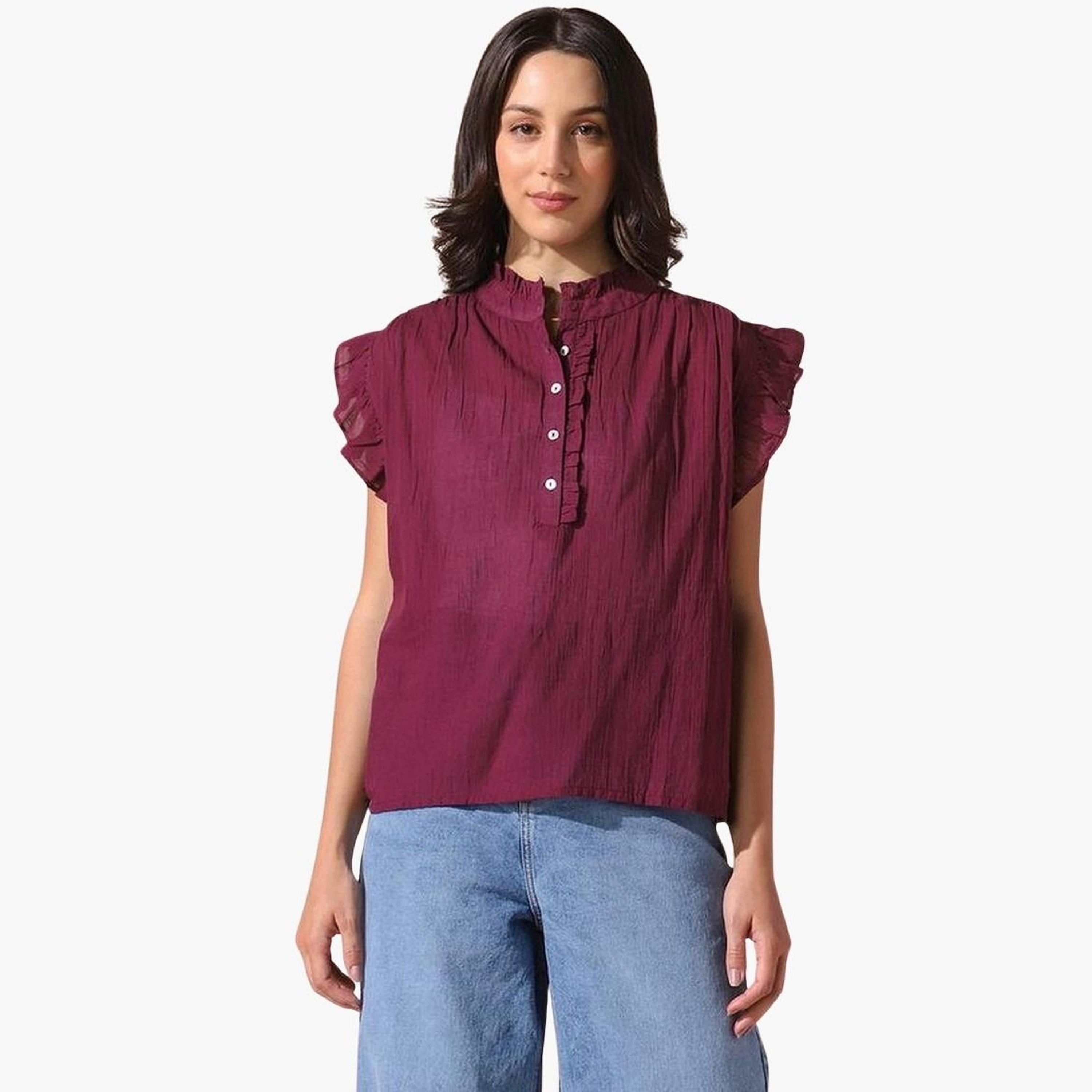 Dennis Lingo Women Solid Textured Sleeveless Ruffle Top-women-clothing-tshirts-image-1