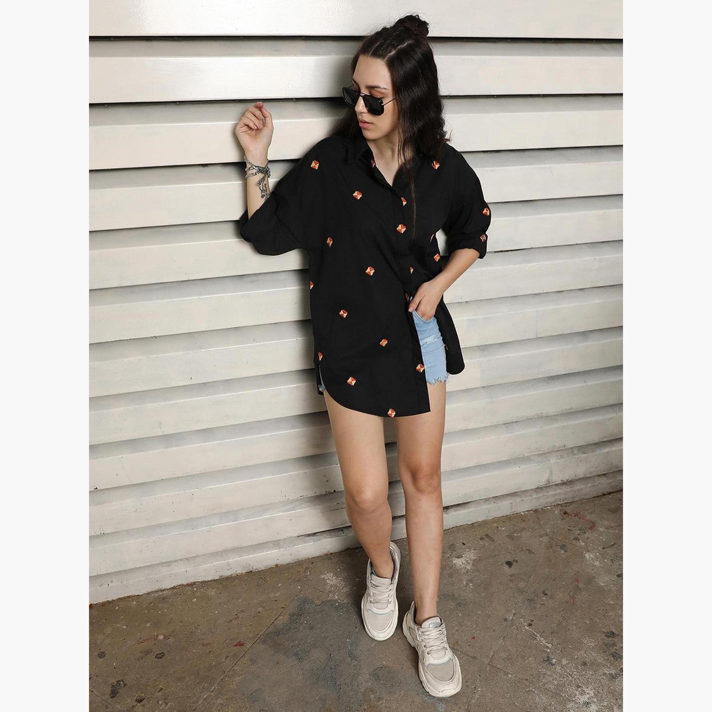 High Star Women Black Oversized Embroidered Casual Shirt-women-clothing-shirtsandblouses-shirts-image-2