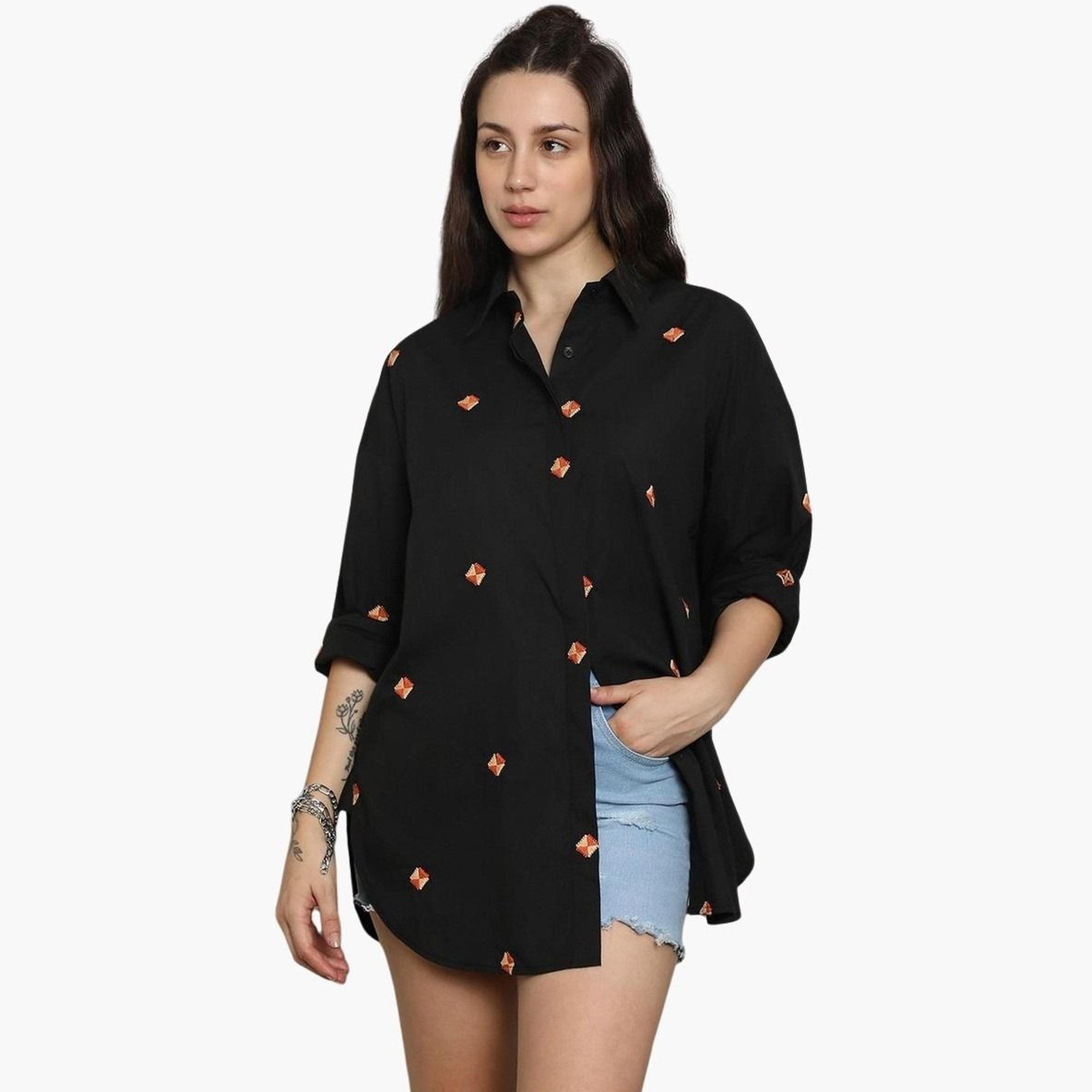 High Star Women Black Oversized Embroidered Casual Shirt-women-clothing-shirtsandblouses-shirts-image-4