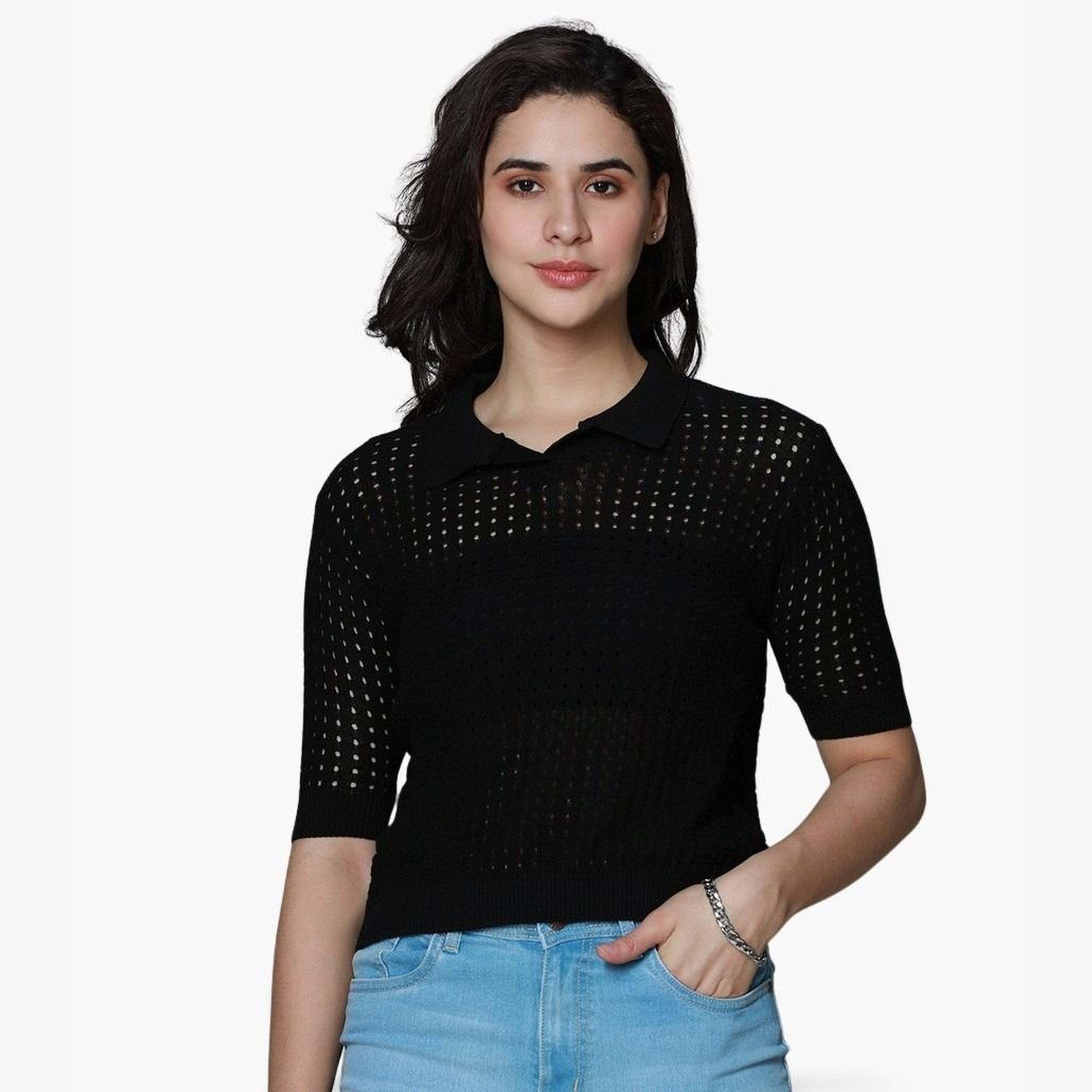 High Star Women Black Polo Crochet Cotton Top-women-clothing-tshirts-image-1