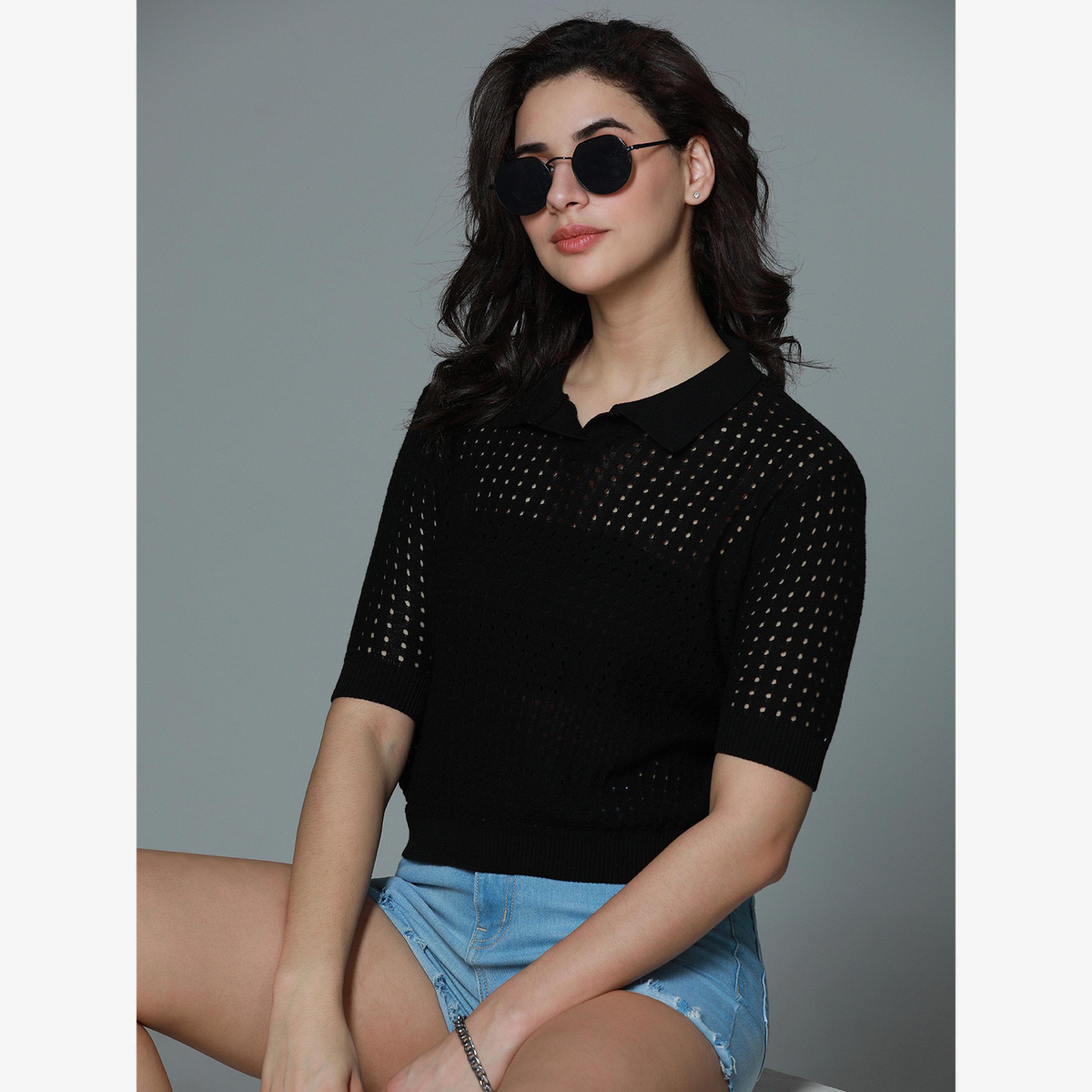 High Star Women Black Polo Crochet Cotton Top-women-clothing-tshirts-image-2