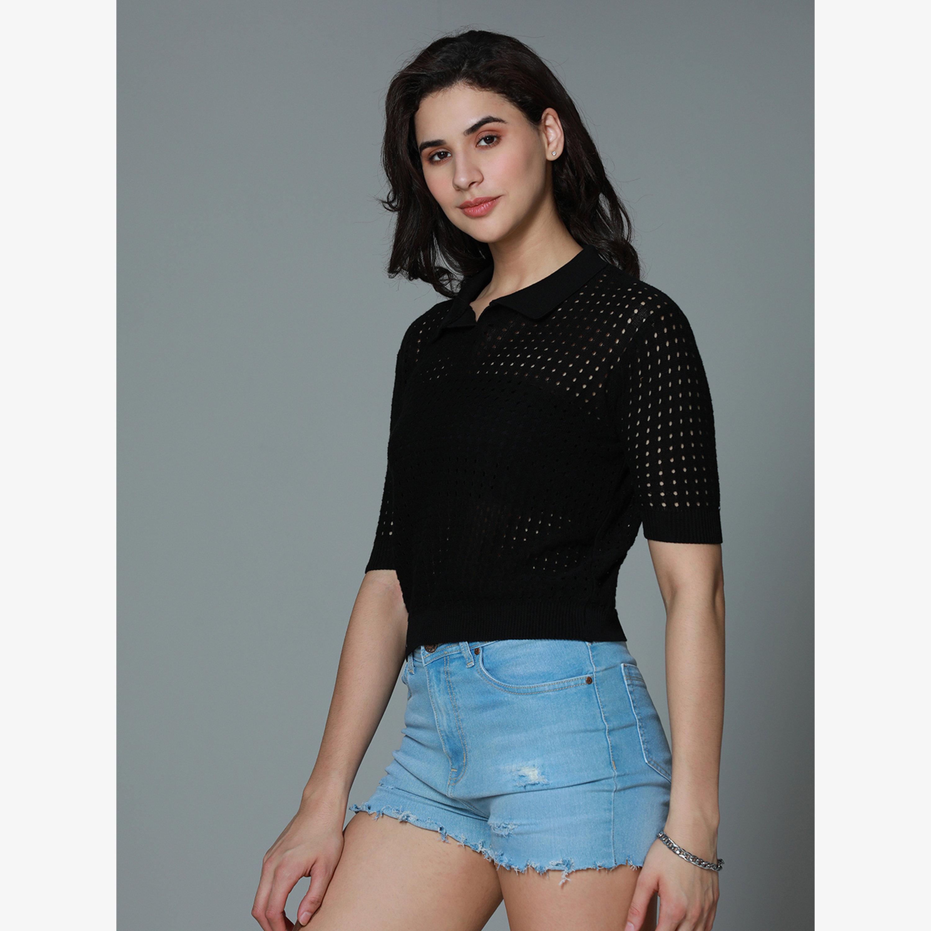 High Star Women Black Polo Crochet Cotton Top-women-clothing-tshirts-image-4