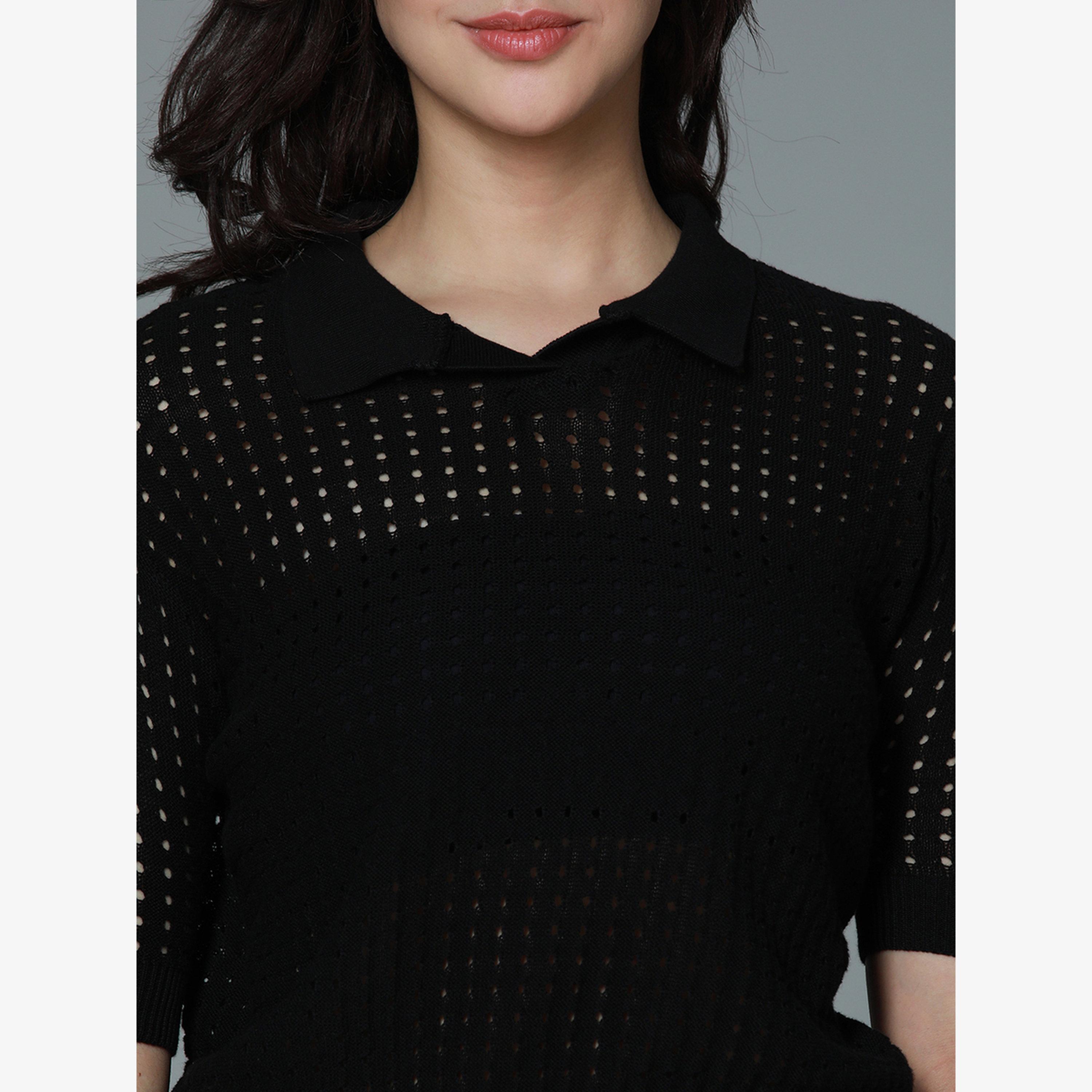 High Star Women Black Polo Crochet Cotton Top-women-clothing-tshirts-image-5