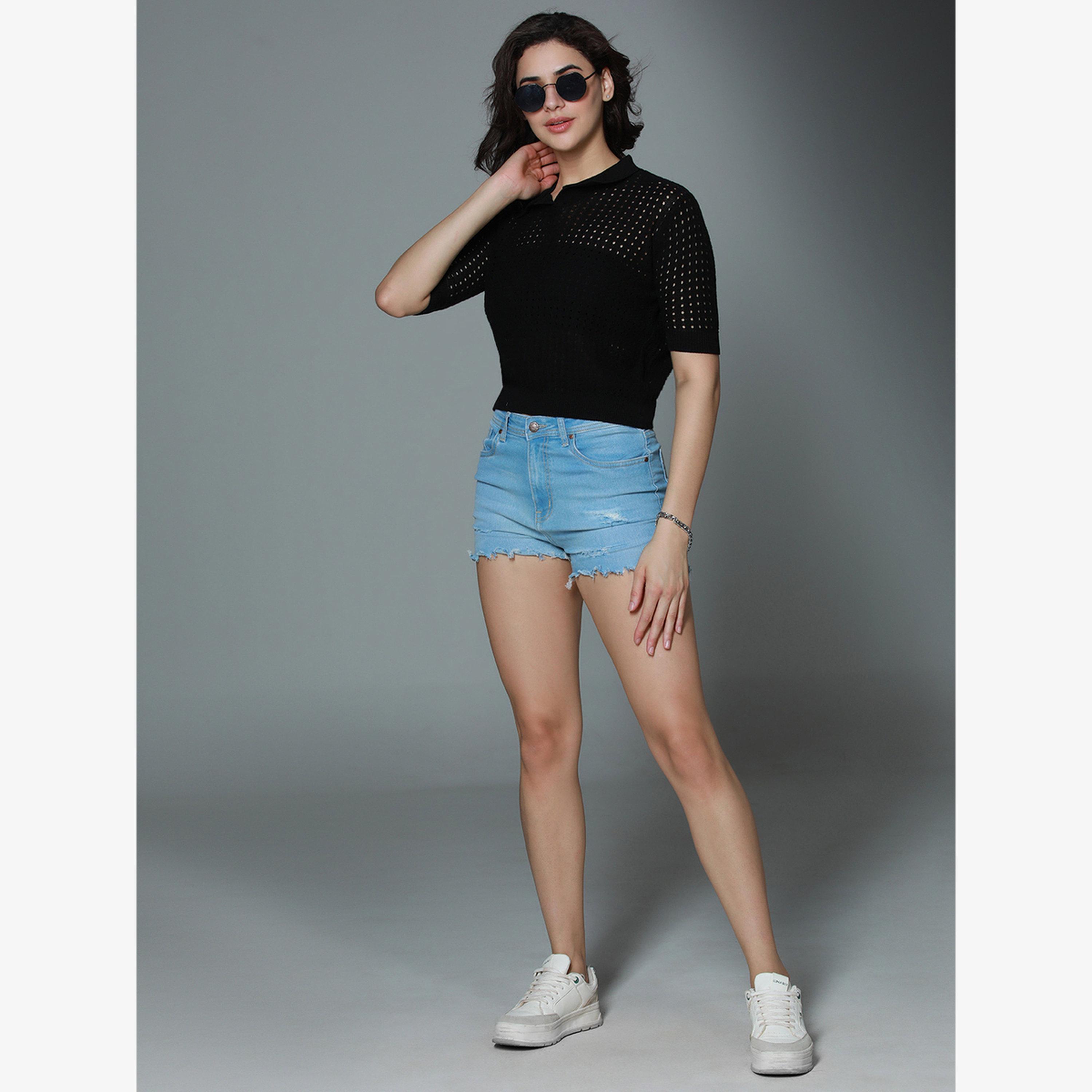 High Star Women Black Polo Crochet Cotton Top-women-clothing-tshirts-image-6