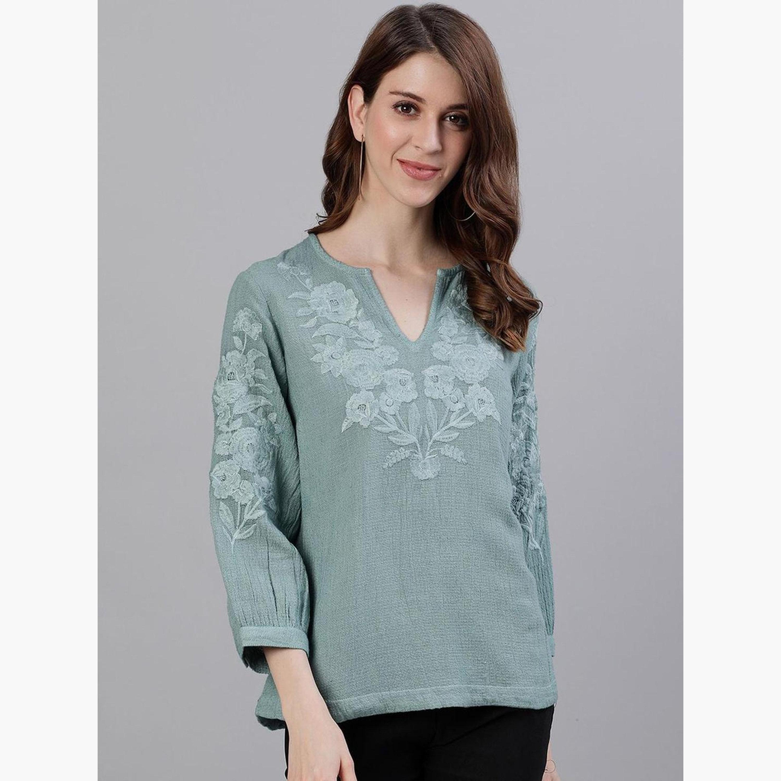 Ishin Green Floral Embroidered Top-women-clothing-shirtsandblouses-blouses-image-1
