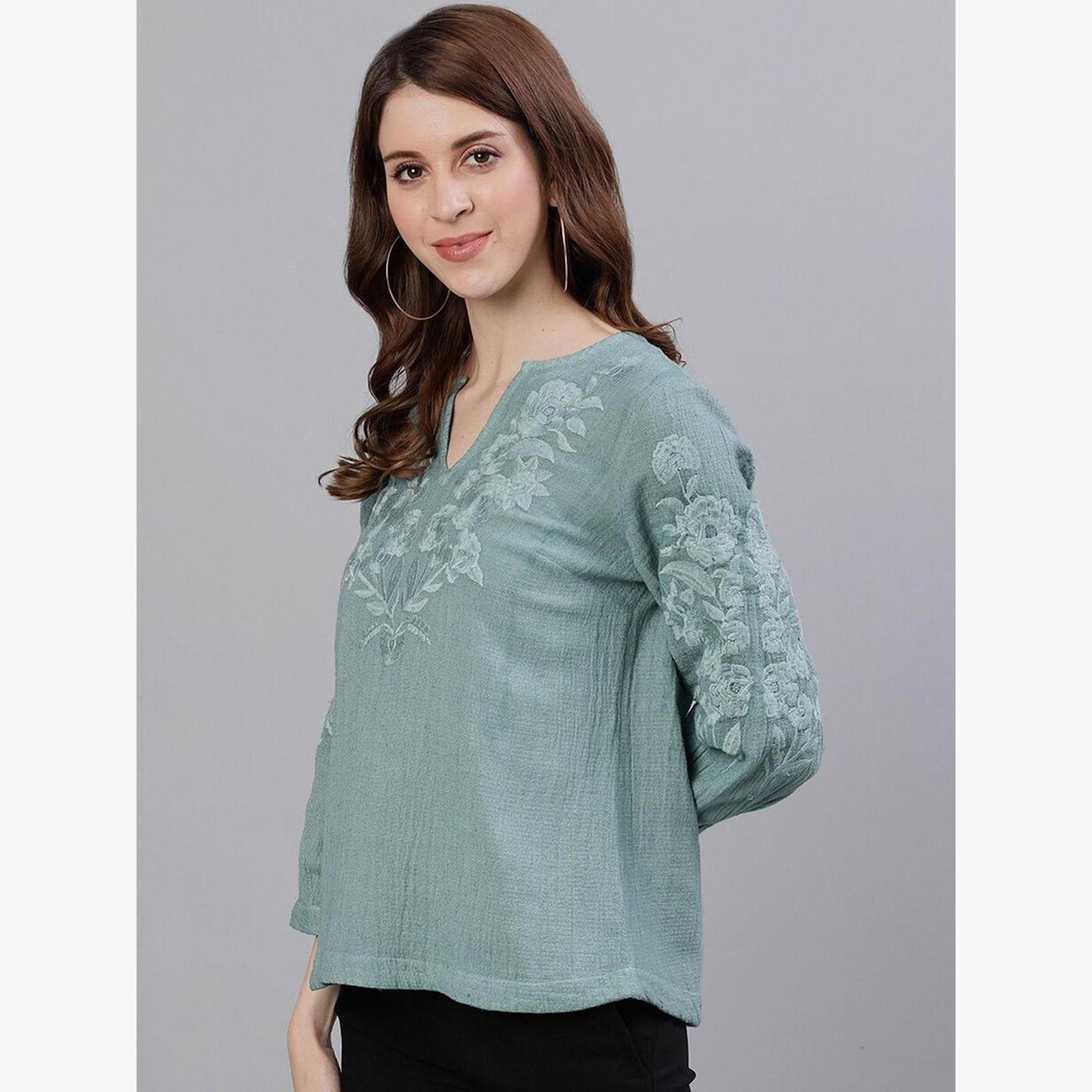 Ishin Green Floral Embroidered Top-women-clothing-shirtsandblouses-blouses-image-2