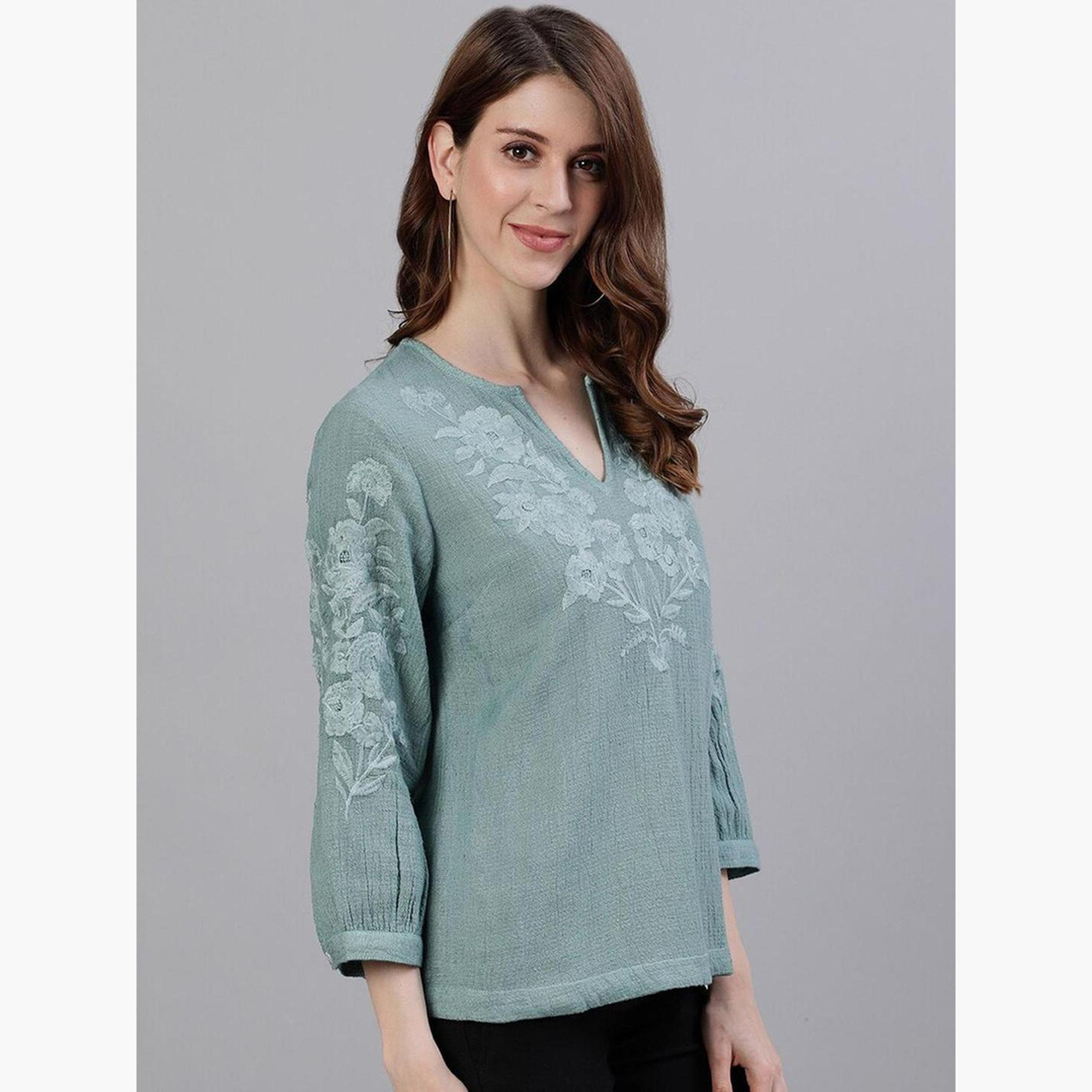 Ishin Green Floral Embroidered Top-women-clothing-shirtsandblouses-blouses-image-3