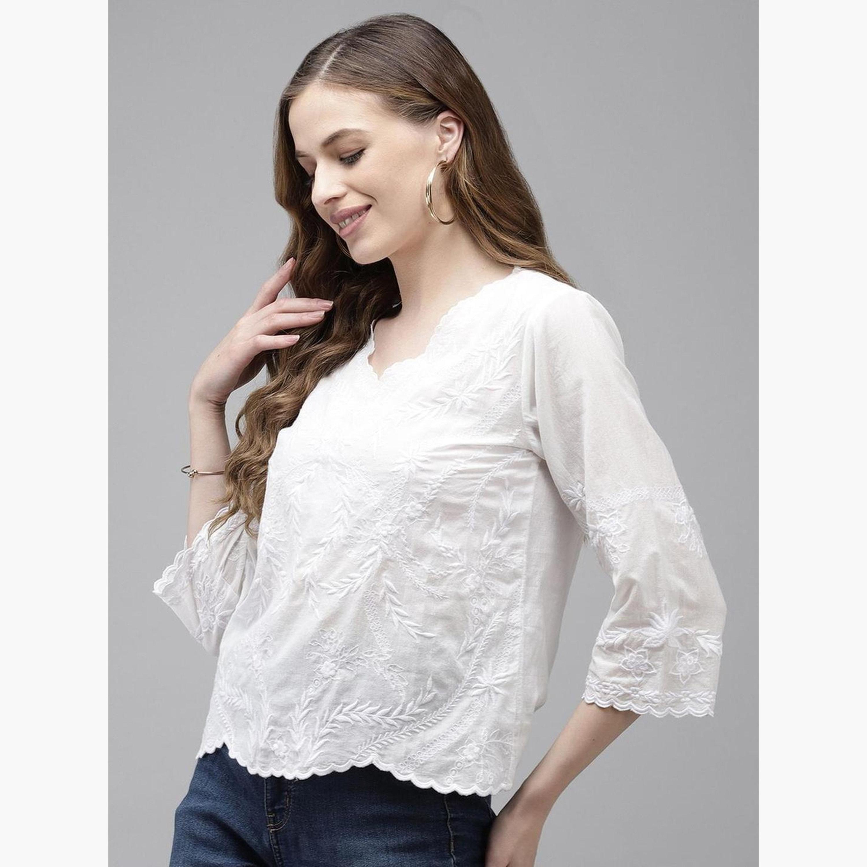 إيشين - بلوزة قطنية بيضاء مطرزة للنساء-women-clothing-tshirts-image-2