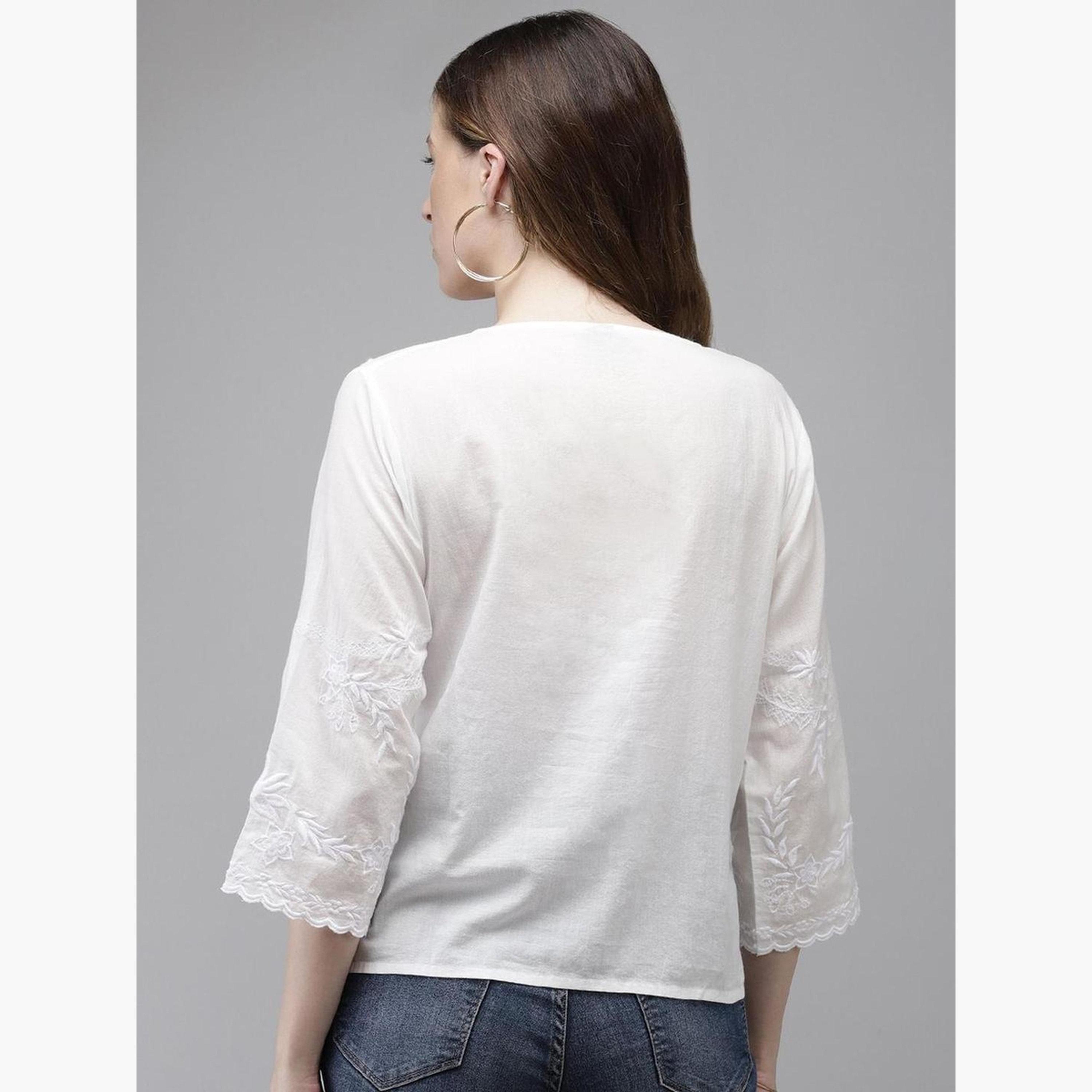 Ishin Women Cotton White Embroidered Top-women-clothing-tshirts-image-4