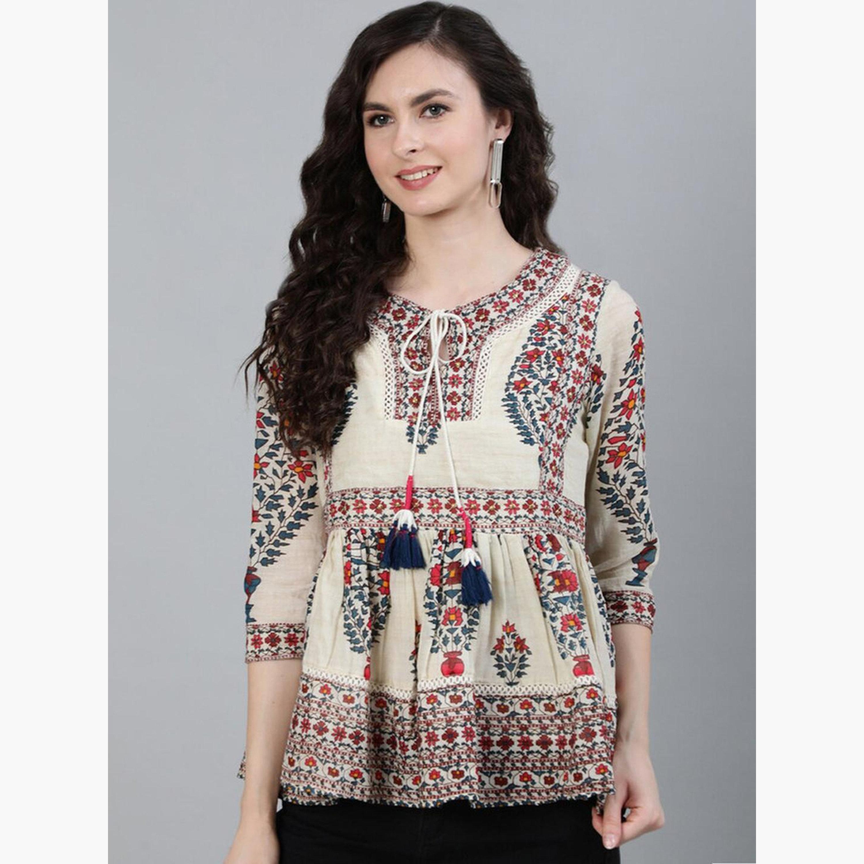 Ishin Off White Red Floral Applique Tie-Up Neck Top-women-clothing-tshirts-image-1
