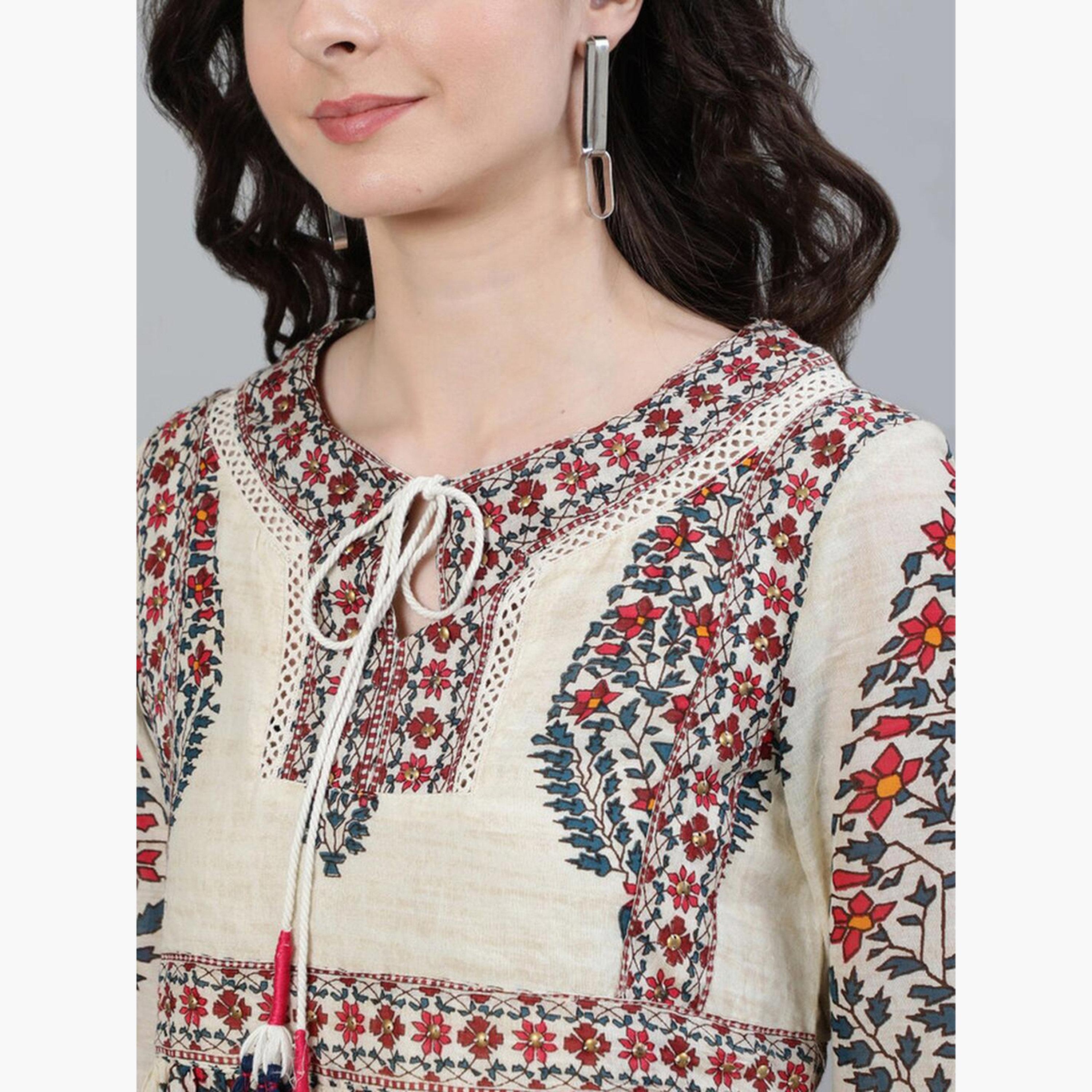 Ishin Off White Red Floral Applique Tie-Up Neck Top-women-clothing-tshirts-image-2