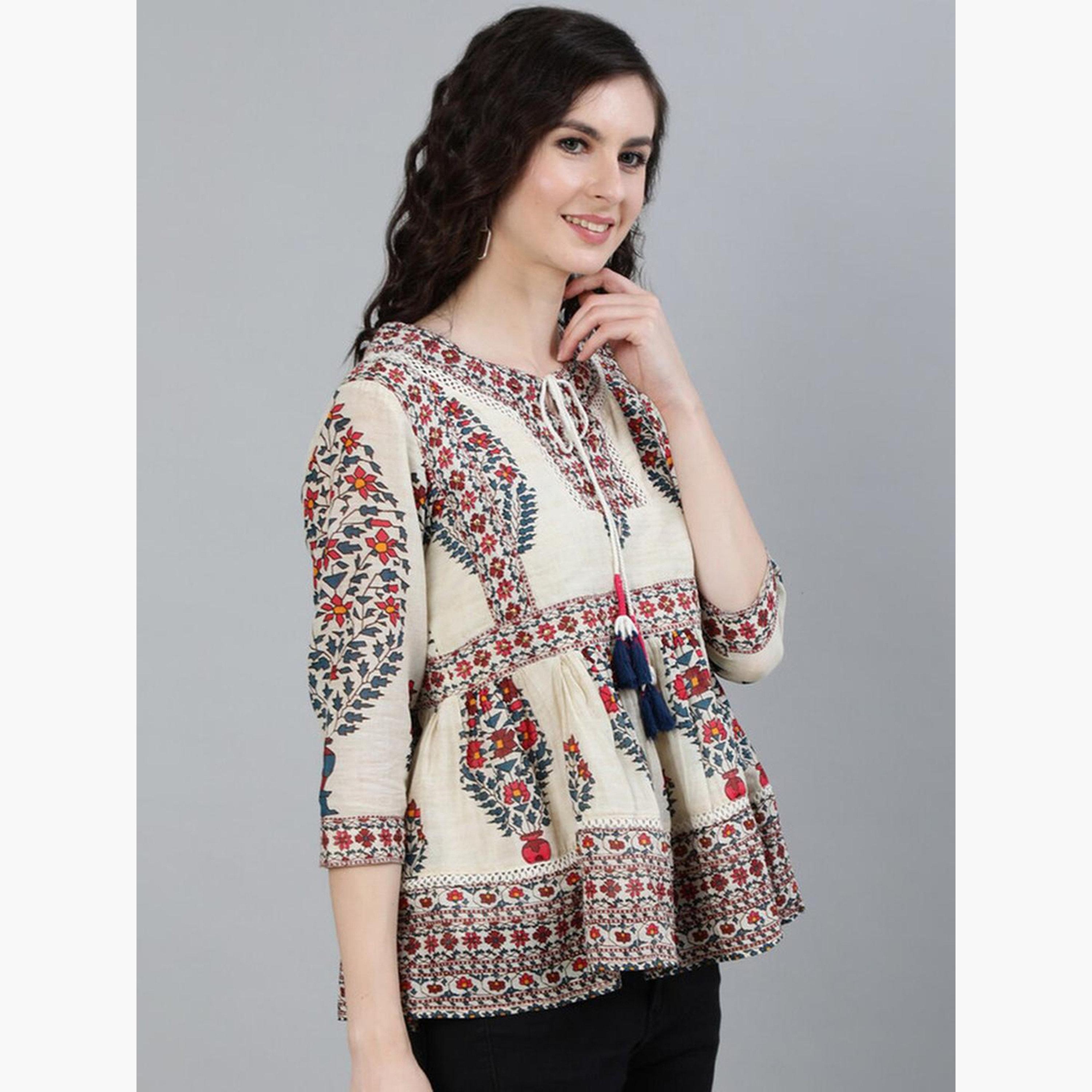 إيشين - بلوزة برباط حول الرقبة مزينة بالزهور لون أحمر وأوف وايت-women-clothing-tshirts-image-3