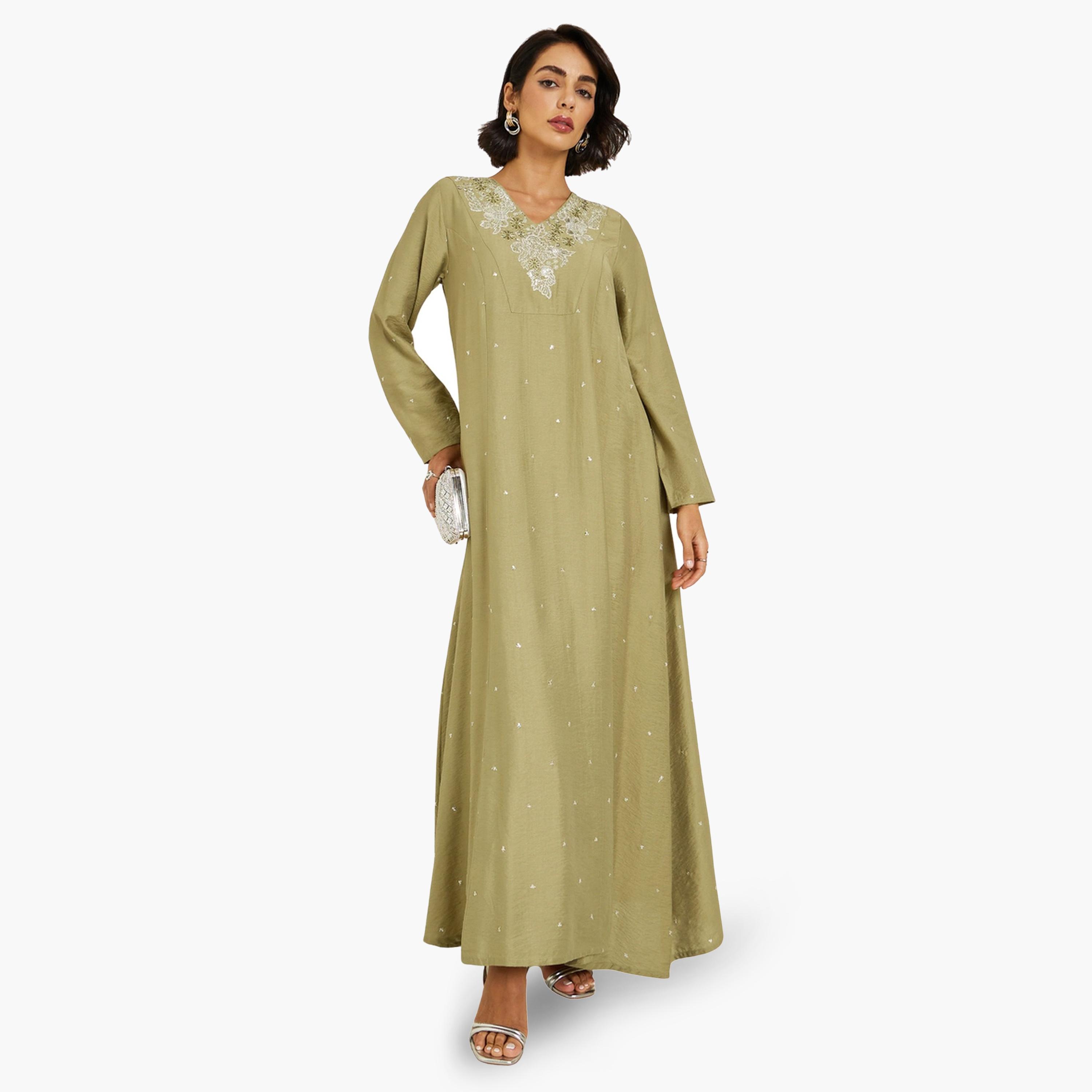 Styli Women Green Embroidered A-Line Kaftan-women-arabicclothing-kaftan-image-1
