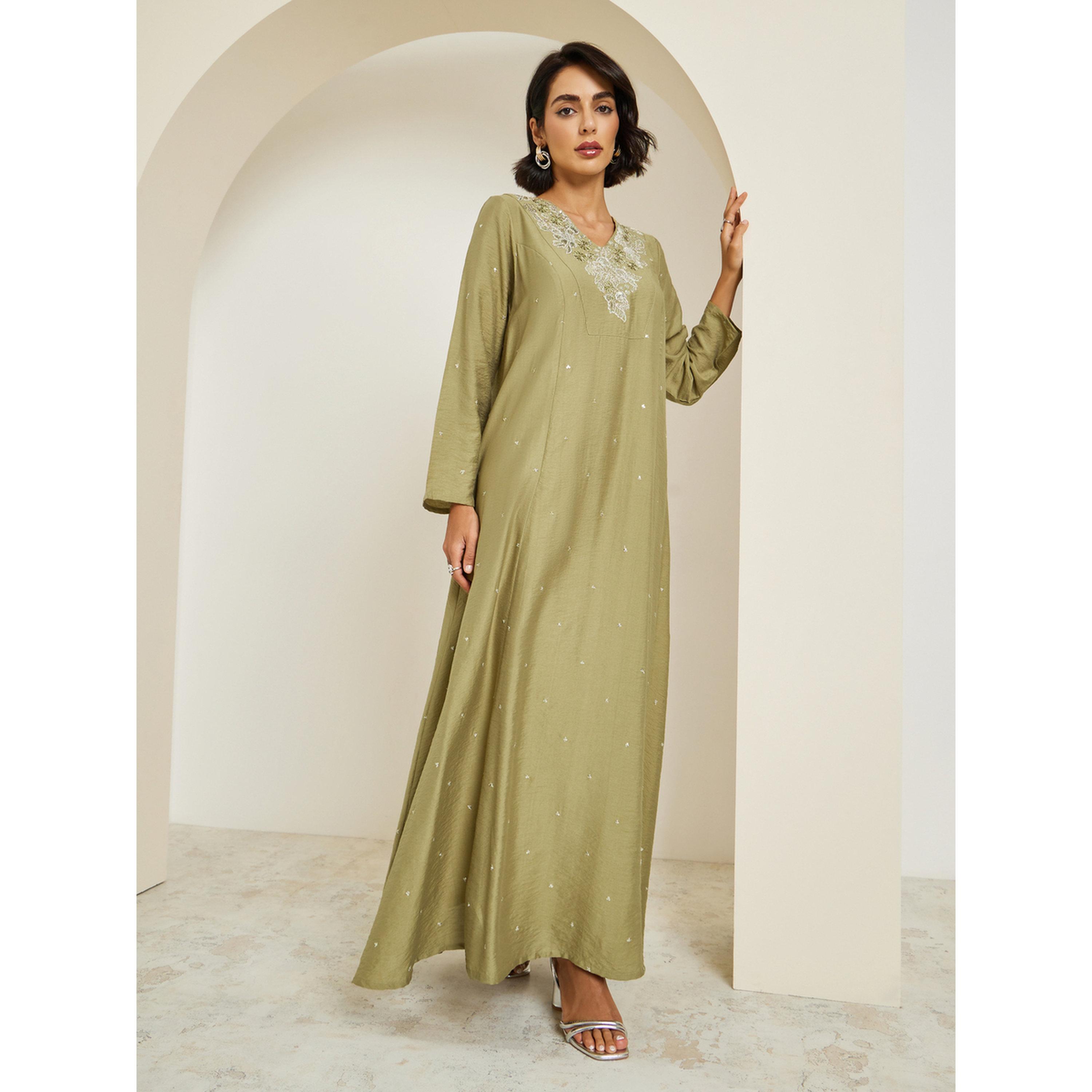 Styli Women Green Embroidered A-Line Kaftan-women-arabicclothing-kaftan-image-2