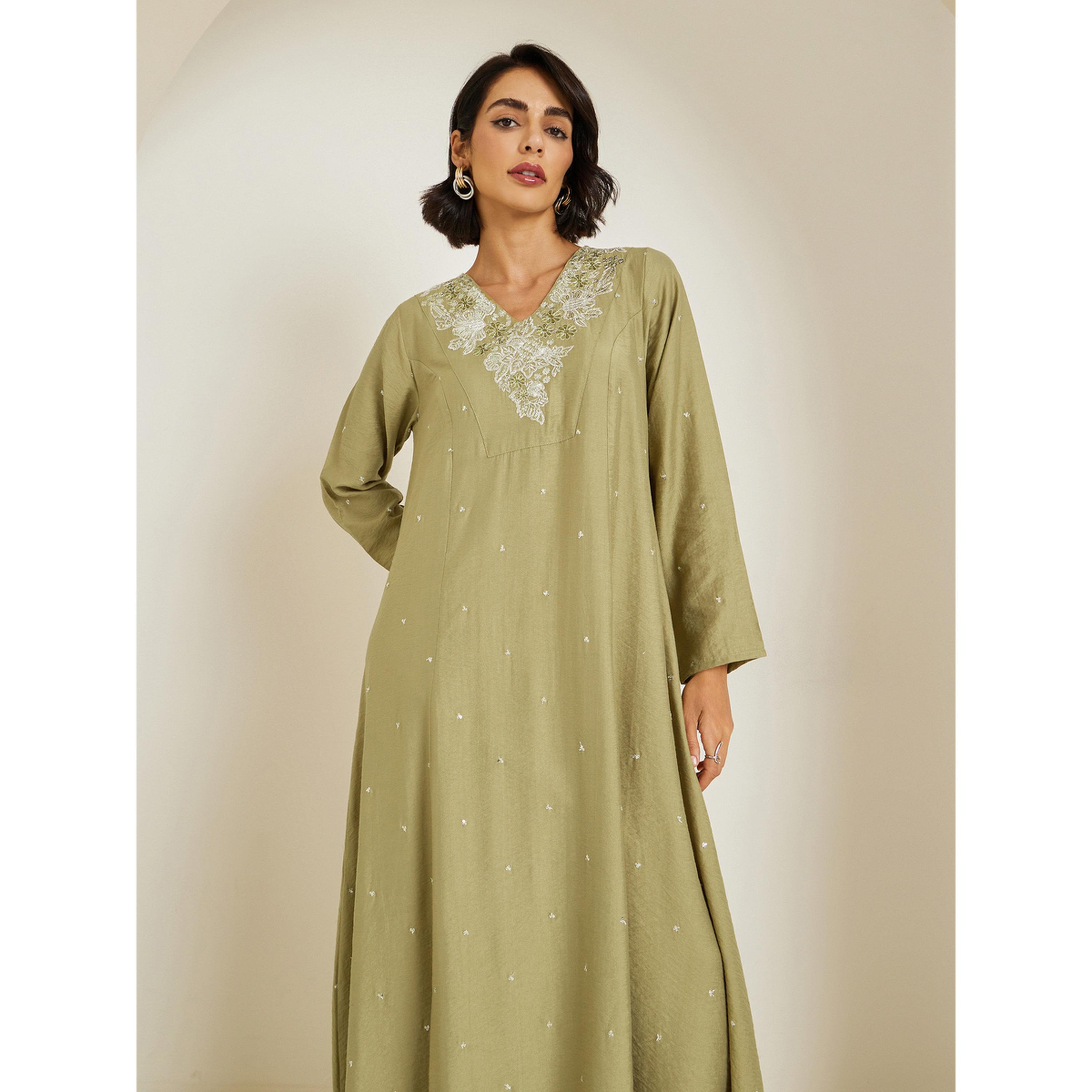 Styli Women Green Embroidered A-Line Kaftan-women-arabicclothing-kaftan-image-3