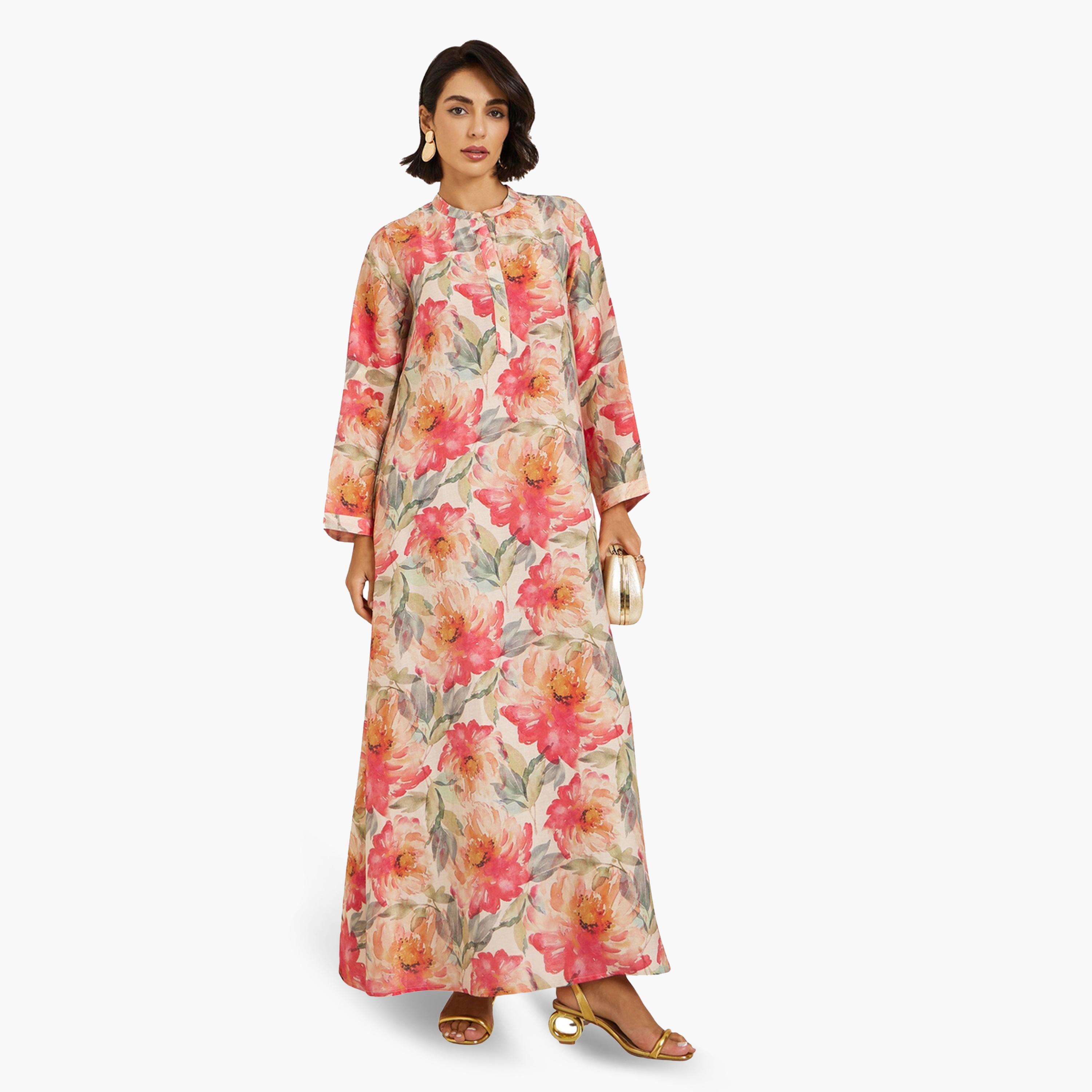 Styli Women Floral Print Collared Buttoned A-Line Jalabiya-women-arabicclothing-jalabiyas-image-1