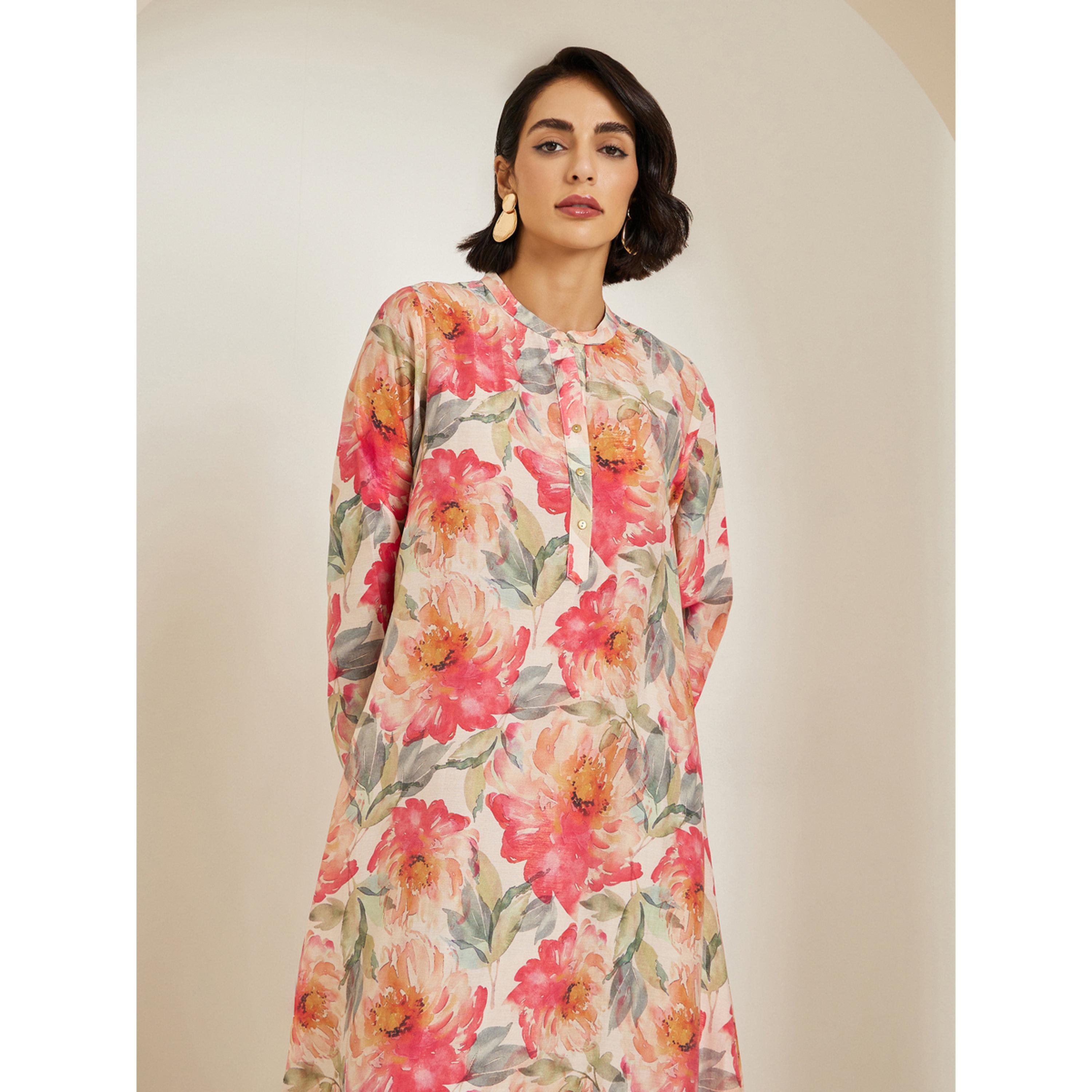 Styli Women Floral Print Collared Buttoned A-Line Jalabiya-women-arabicclothing-jalabiyas-image-2