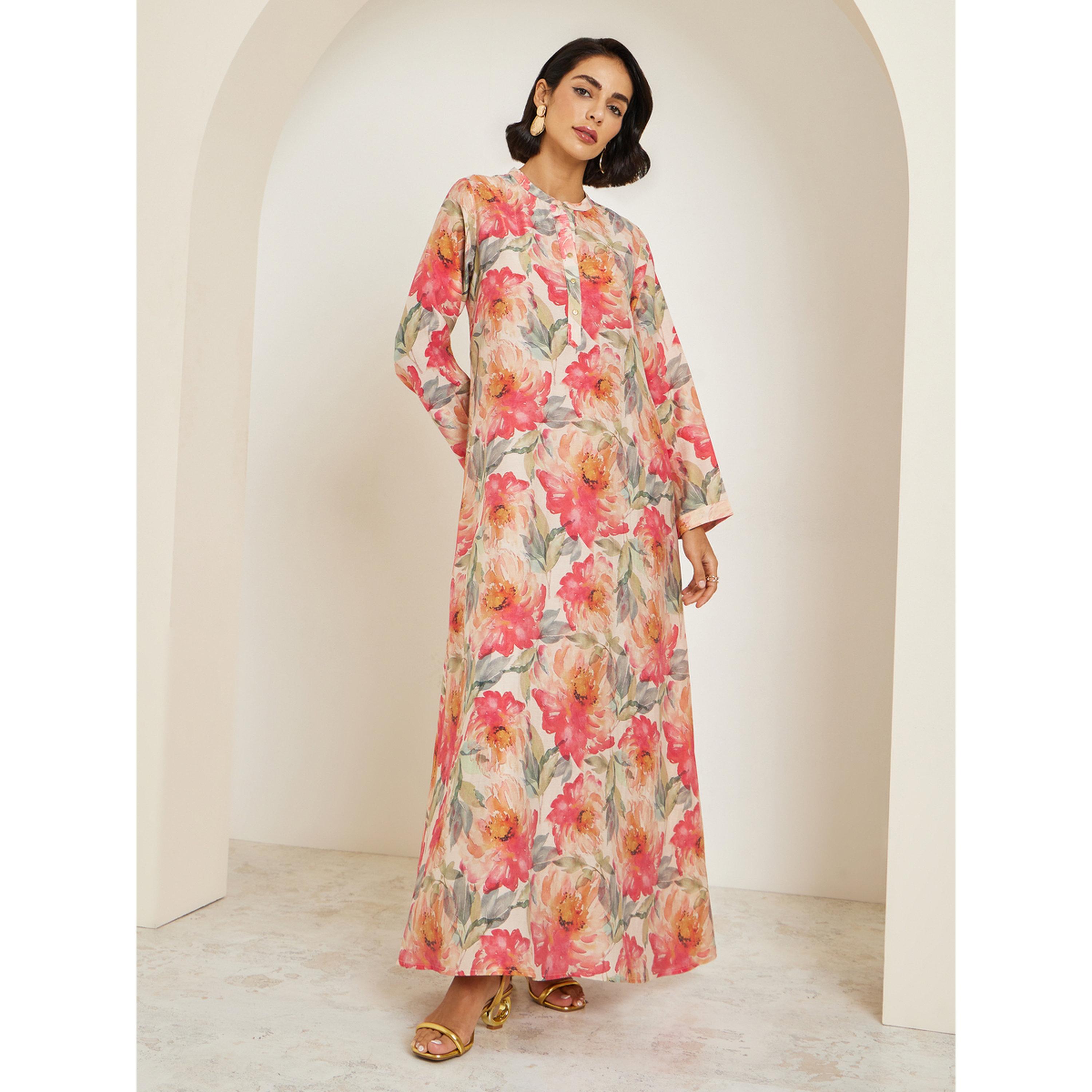 Styli Women Floral Print Collared Buttoned A-Line Jalabiya-women-arabicclothing-jalabiyas-image-3