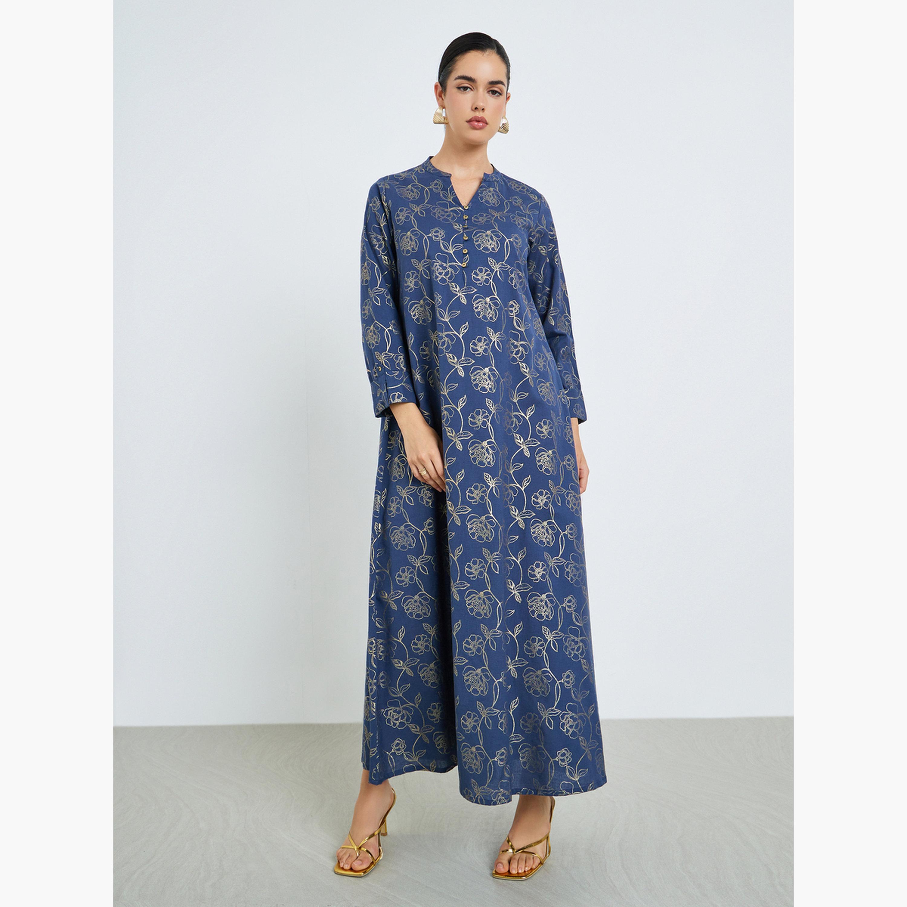 Styli Women Navy Blue Floral Print A-Line Jalabiya-women-arabicclothing-jalabiyas-image-1