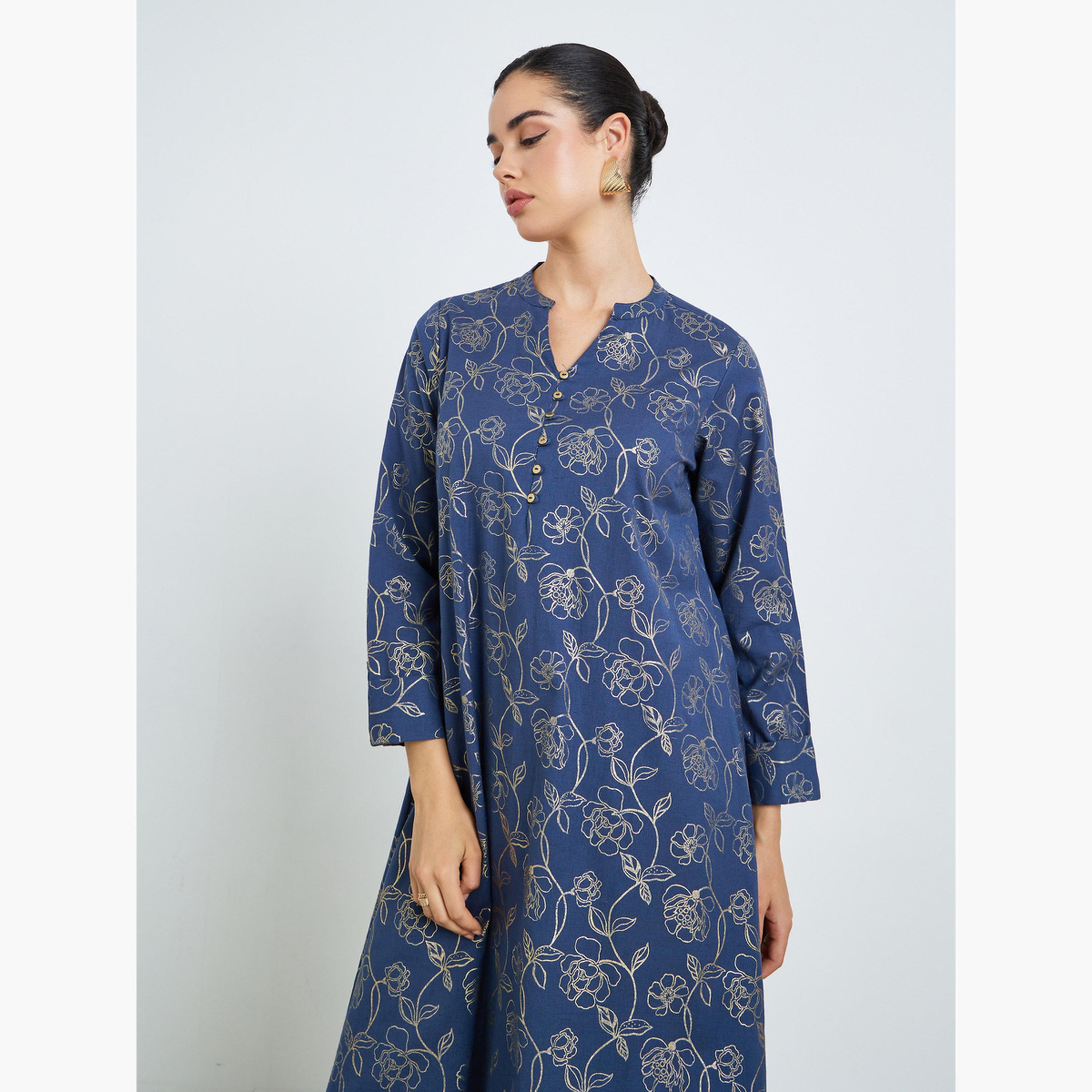 Styli Women Navy Blue Floral Print A-Line Jalabiya-women-arabicclothing-jalabiyas-image-2