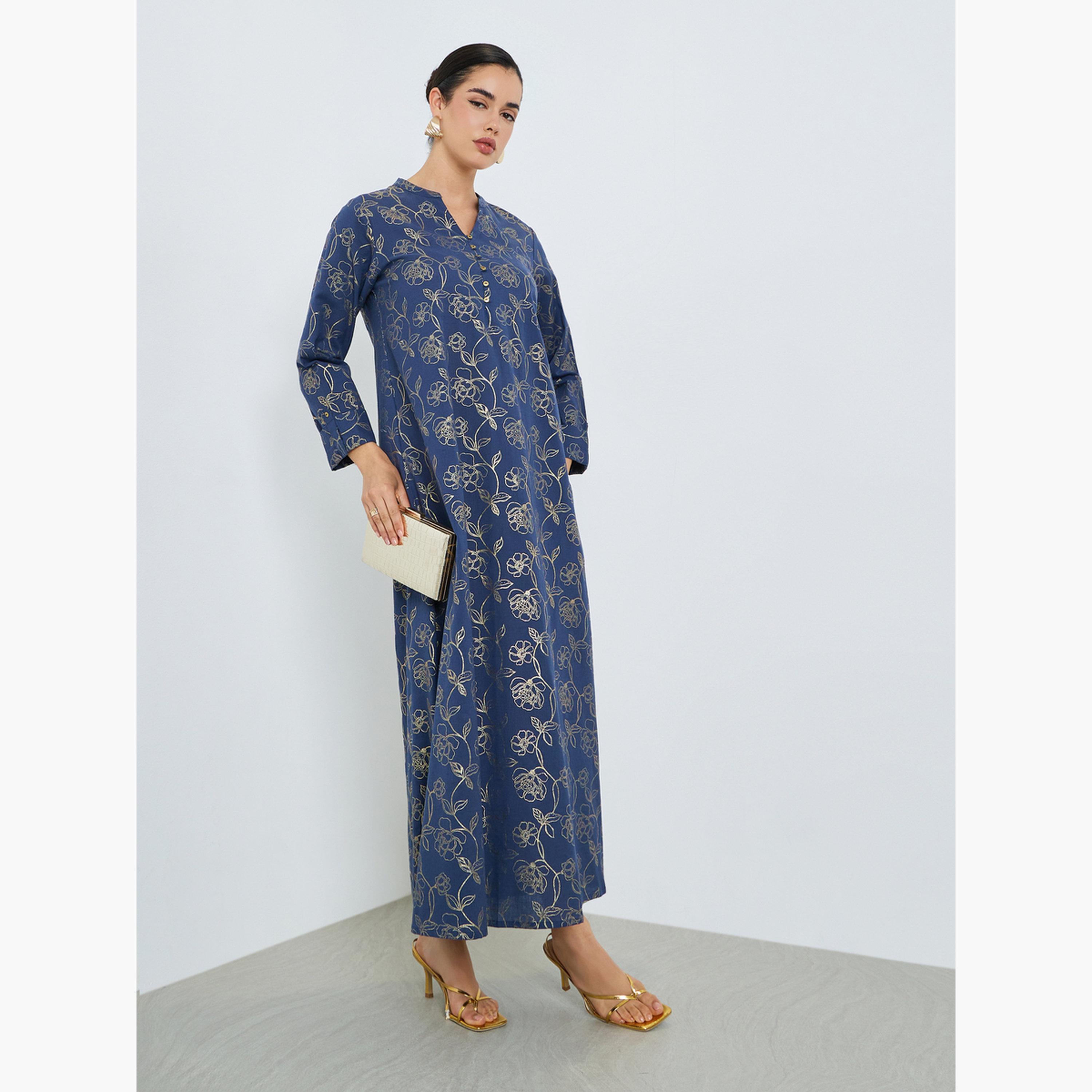 جلابية بحافة واسعة وطبعة زهور-women-arabicclothing-jalabiyas-image-3