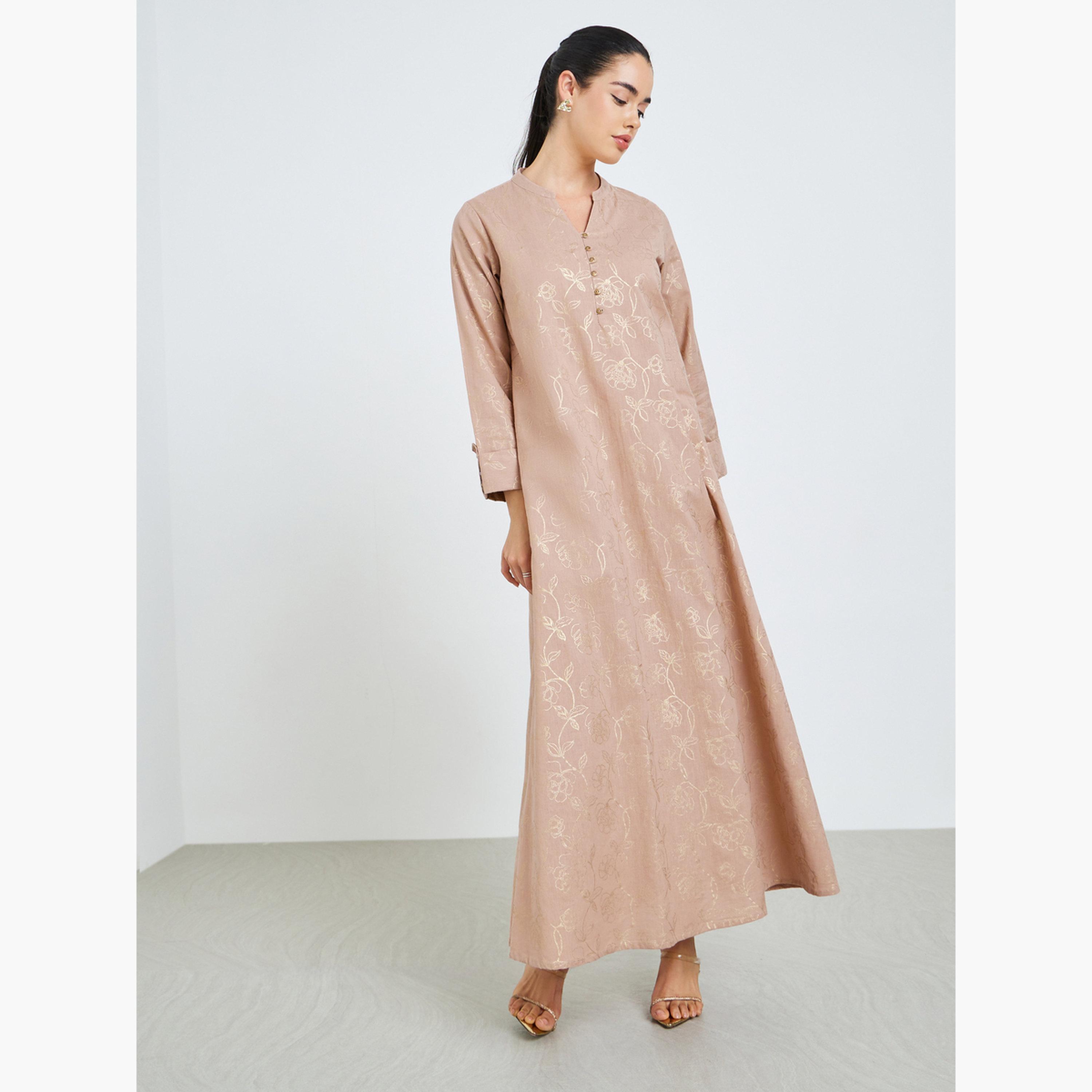 جلابية جاكار بنقشة زهور وحافة واسعة-women-arabicclothing-jalabiyas-image-3