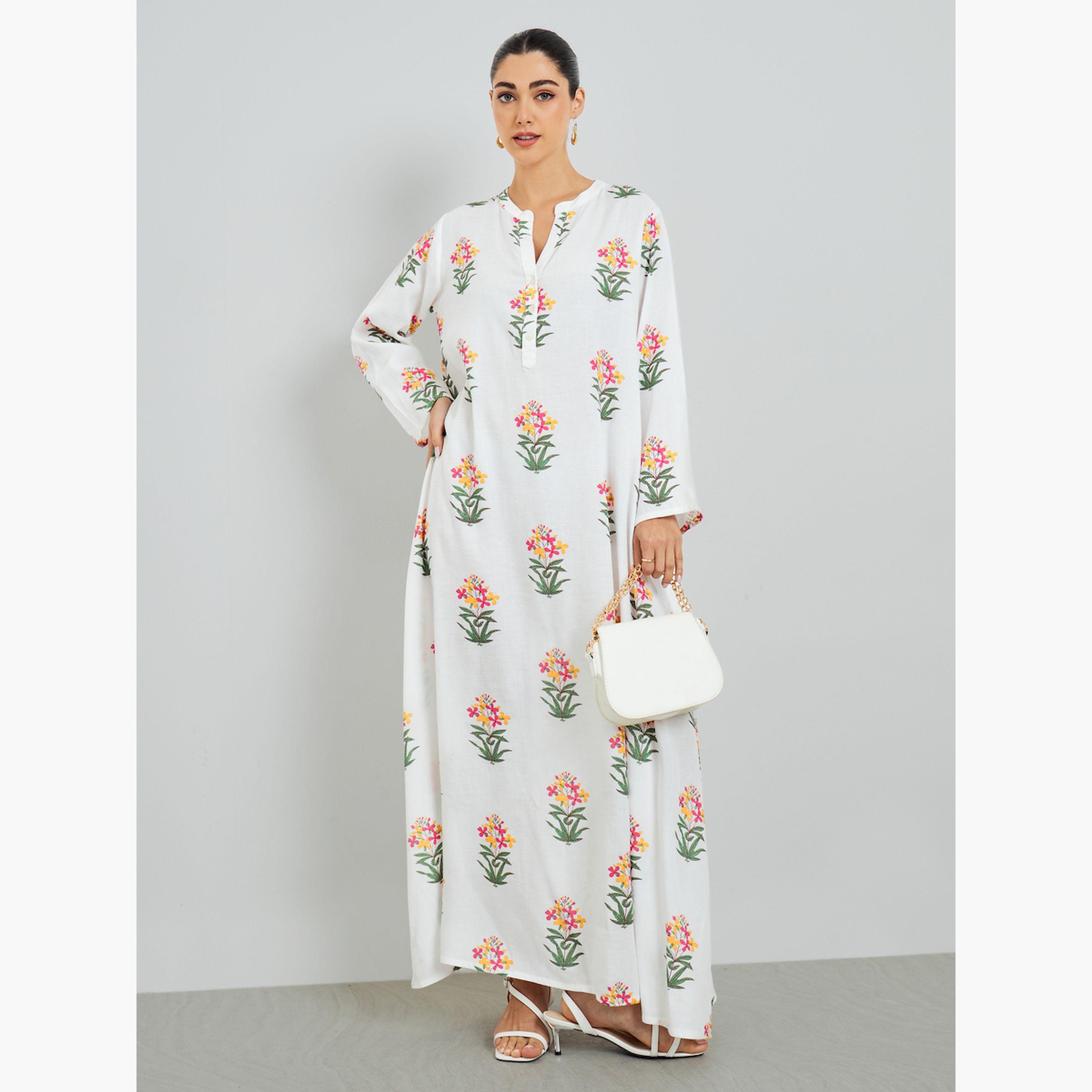 جلابية بحافة واسعة بطبعة زهور-women-arabicclothing-jalabiyas-image-1